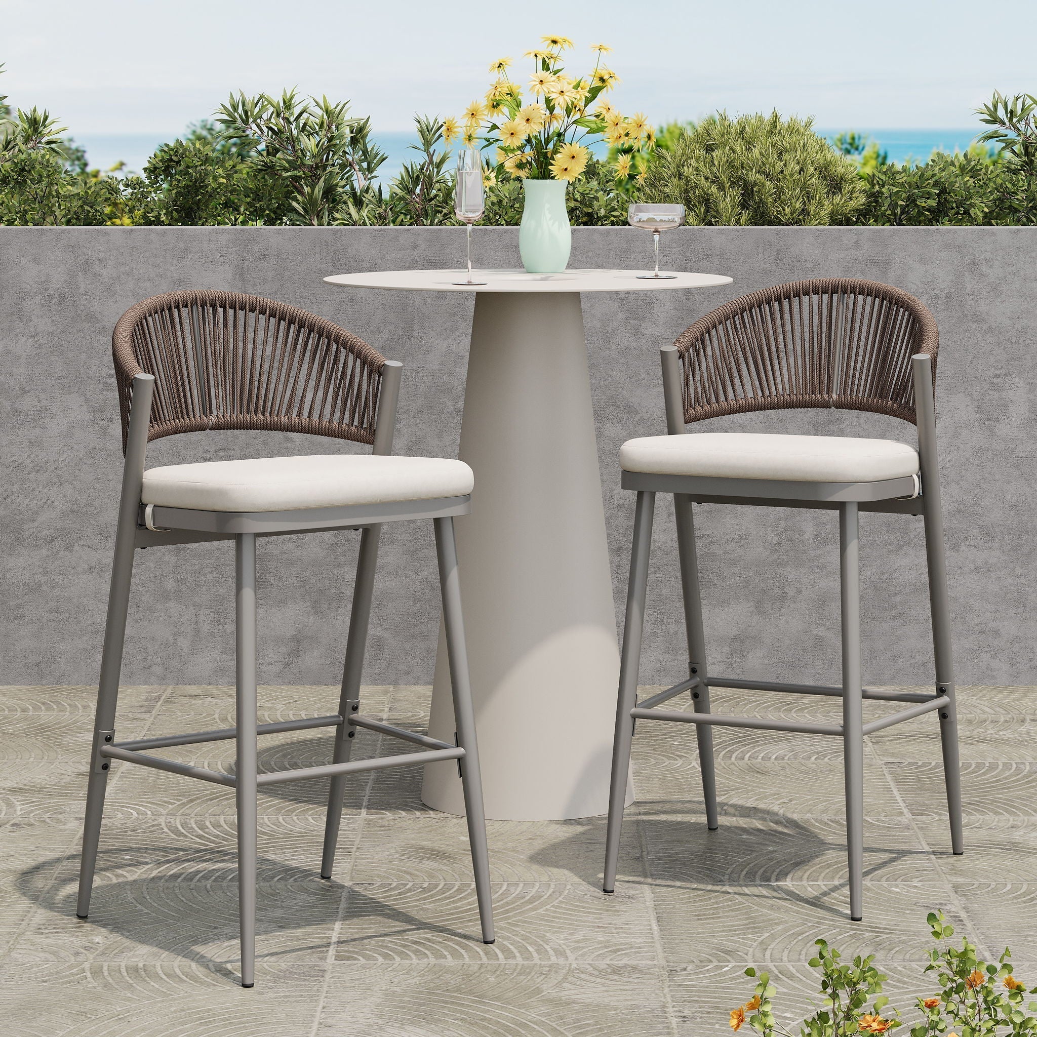 Outdoor Bar Height Metal Frame Counter Stools with Scallop-Shaped Backrest & Water-Resistant Cushions