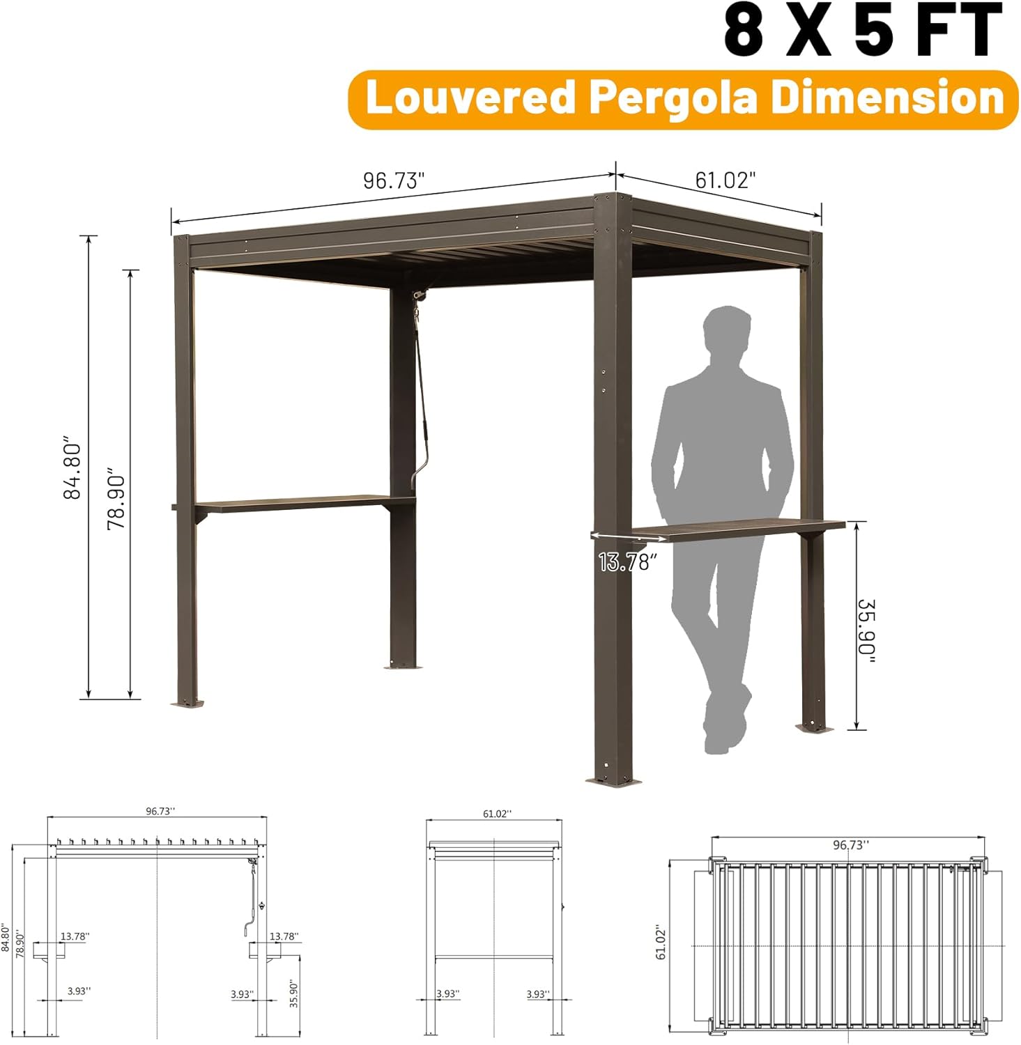 8x5 FT Grill Louvered Pergola for Outdoor Grill