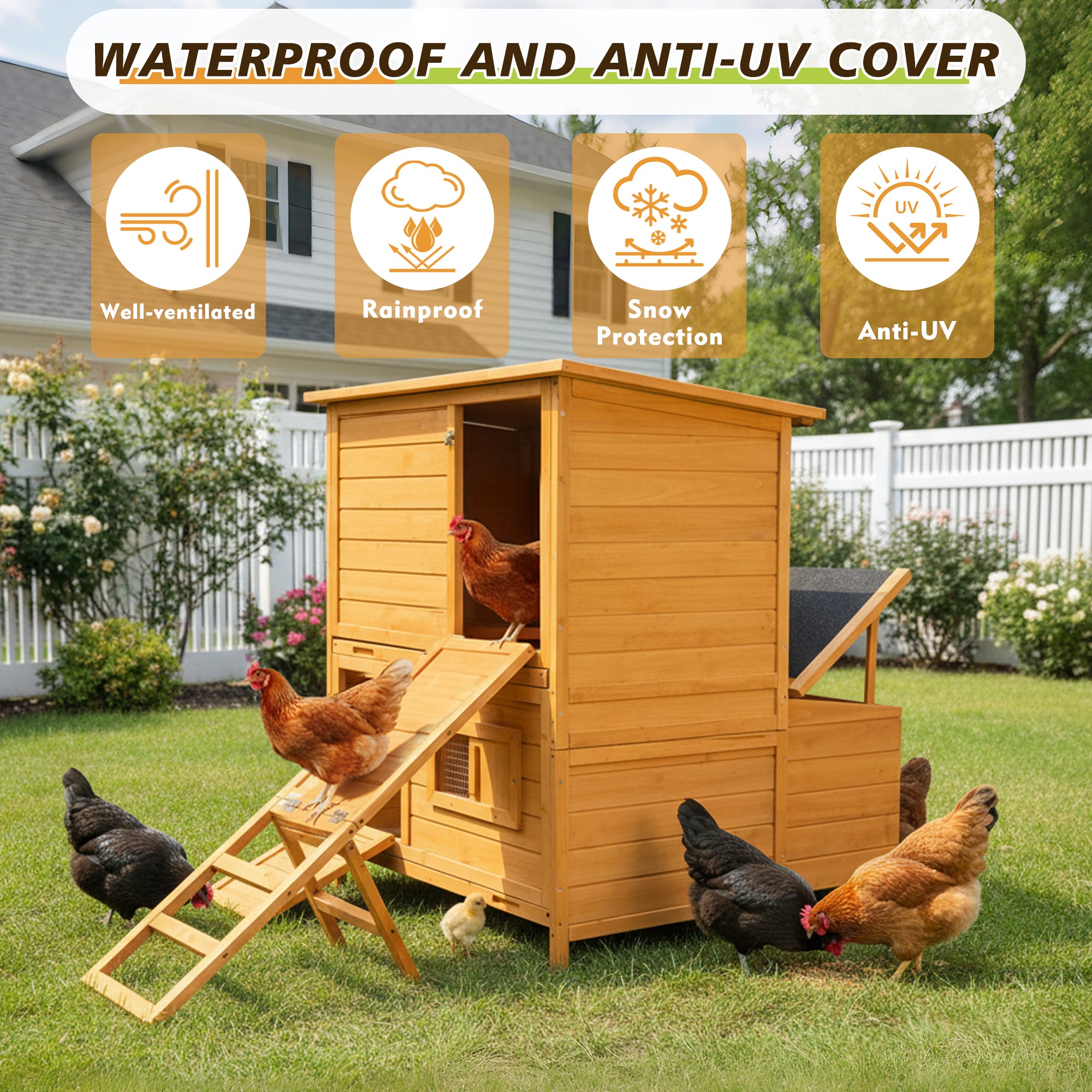 Double-House Wooden Chicken Coop For 6-8 Chickens