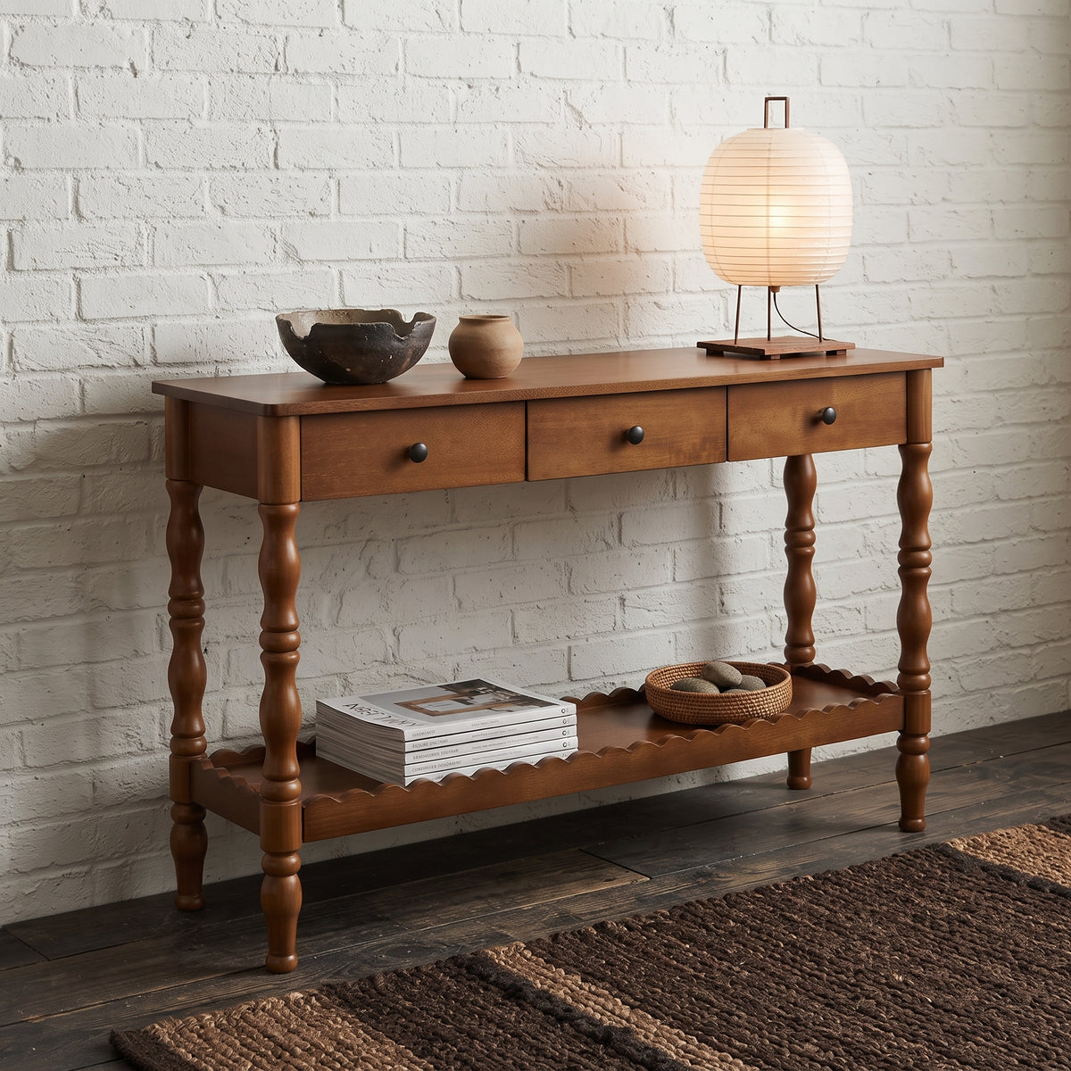 47.2'' Solid Wood Console Table for Entryway,2-Tier Wooden Sofa Table Behind Couch with Vintage Carved Wood Legs,Entryway Table with 3 Drawers and for Decorative Storage Options