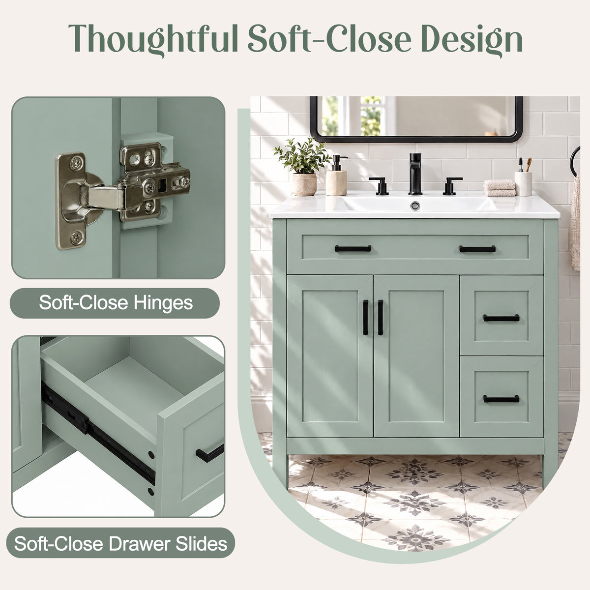 36-Inch Bathroom Vanity with Ceramic Sink, Soft-Close Doors, Sage Green