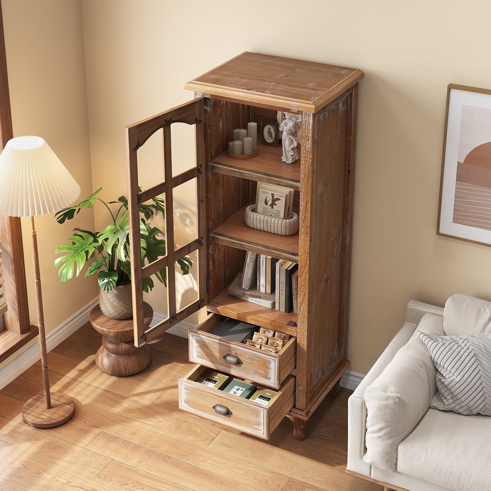Rustic Wooden Storage Cabinet with Decorative Cutout Door
