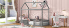 Twin Size Wood House Bed with Fence and Door - Gray