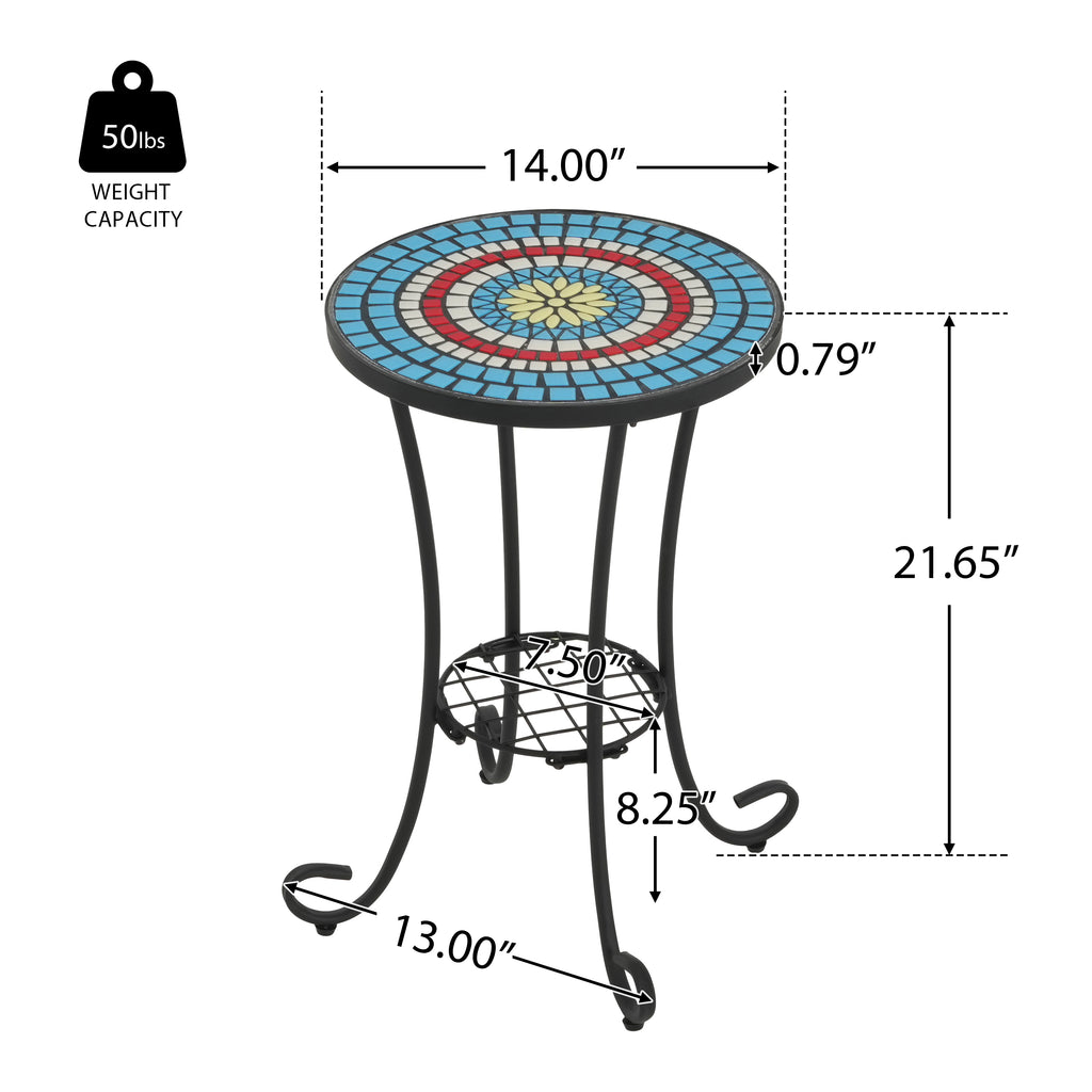 Patio Side Table with Shelf, Blue + Black