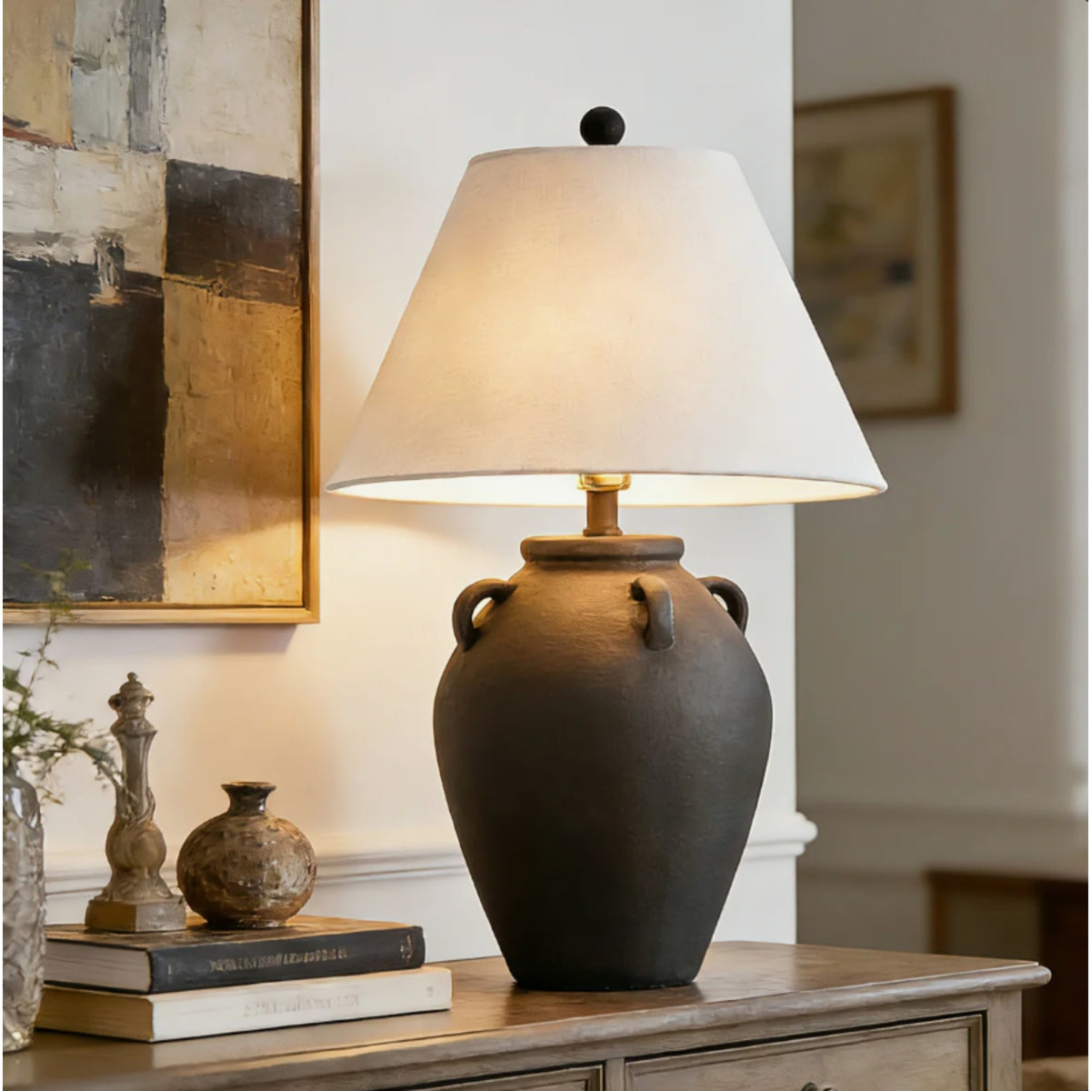 25-Inch Ceramic Table Lamp, Beige Rustic Farmhouse Style