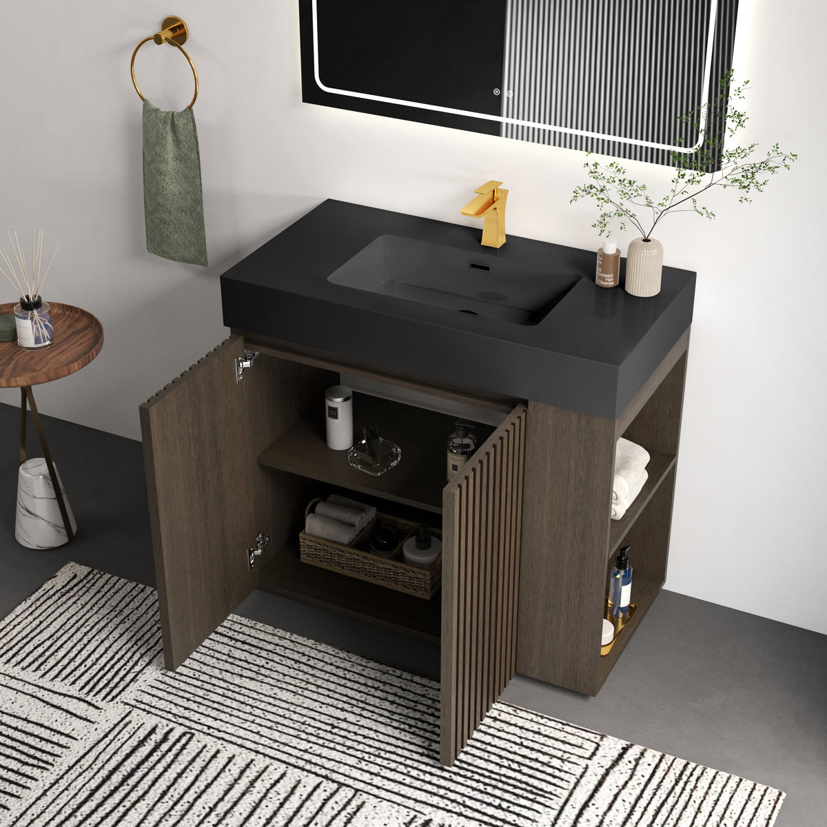 GALAN 36-Inch Bathroom Vanity, Smoked Oak with Solid Surface Sink, Dark Walnut