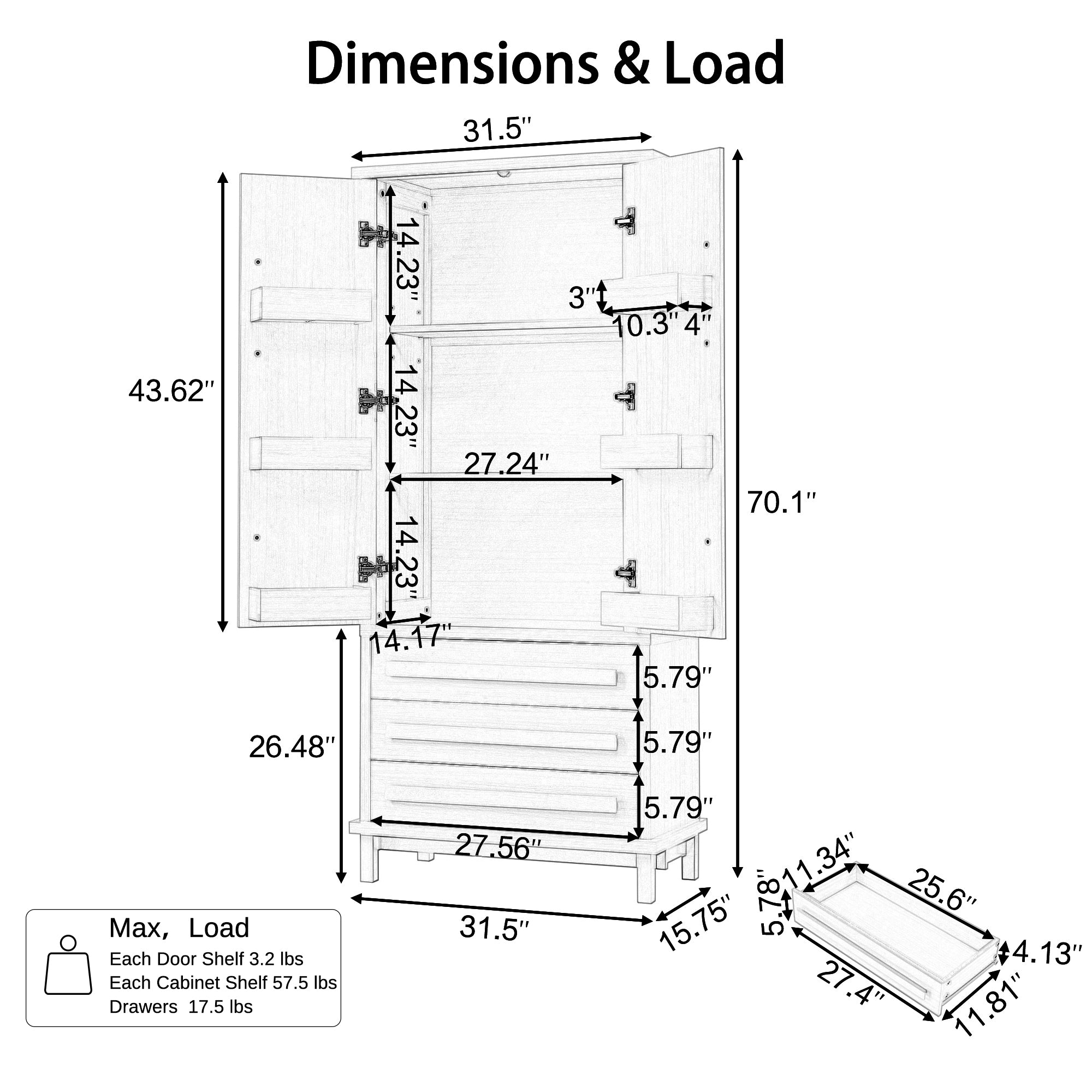 70" Kitchen Pantry Cabinet with 2 Cabinet Shelves