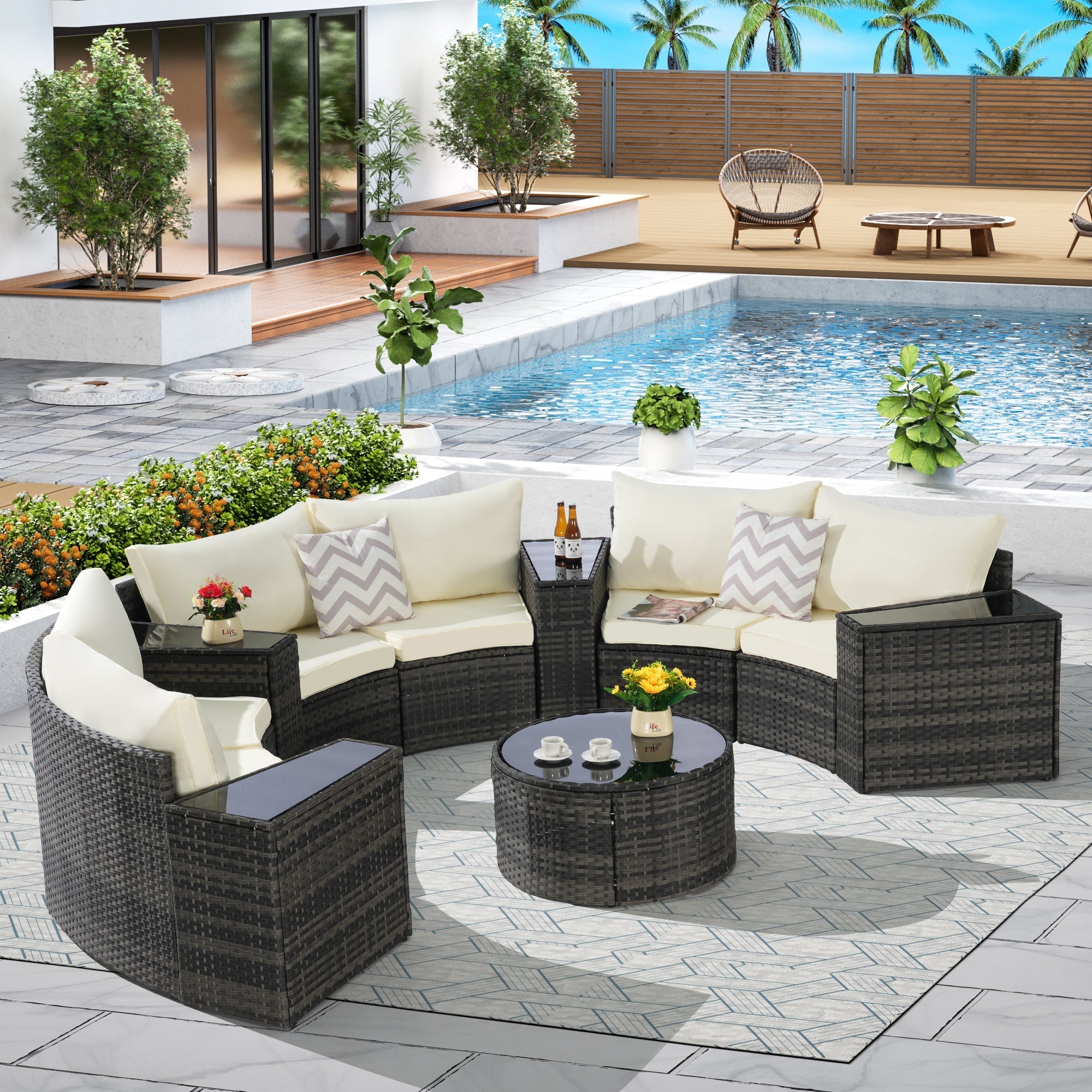 Outdoor Patio Furniture 11-Piece Half-Moon Sectional Round Patio Set Sofa with Tempered Glass Round Coffee Table