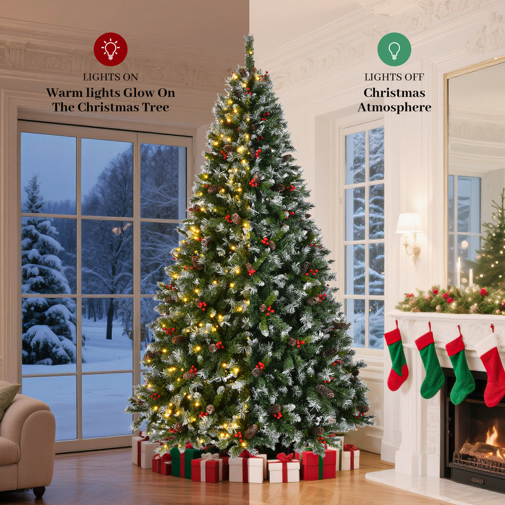 9-Foot Pre-Lit Pre-Decorated Pine Artificial Christmas Tree with Frosted Tips and Pine Cones, Green