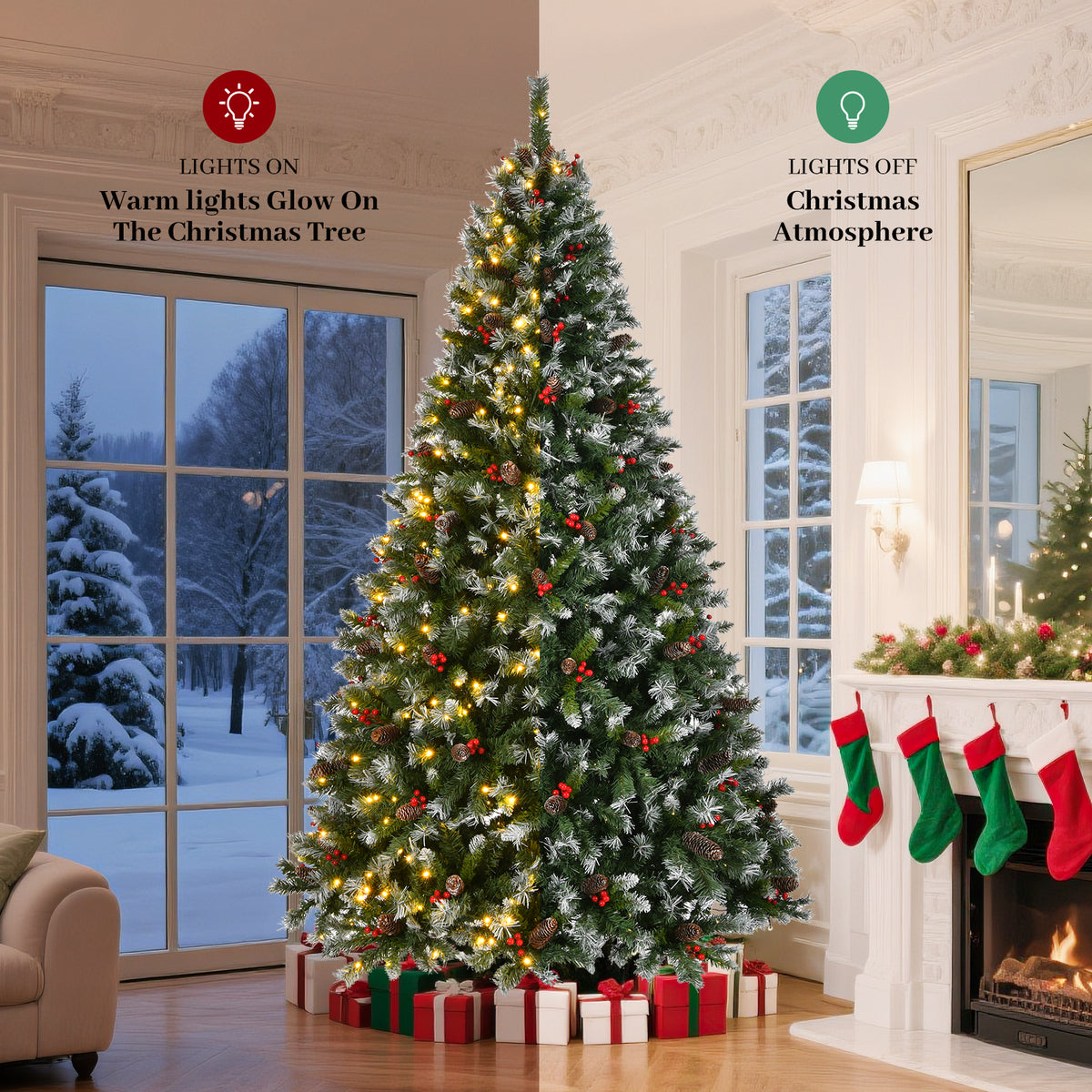 9-Foot Pre-Lit Pre-Decorated Pine Artificial Christmas Tree with Frosted Tips and Pine Cones, Green
