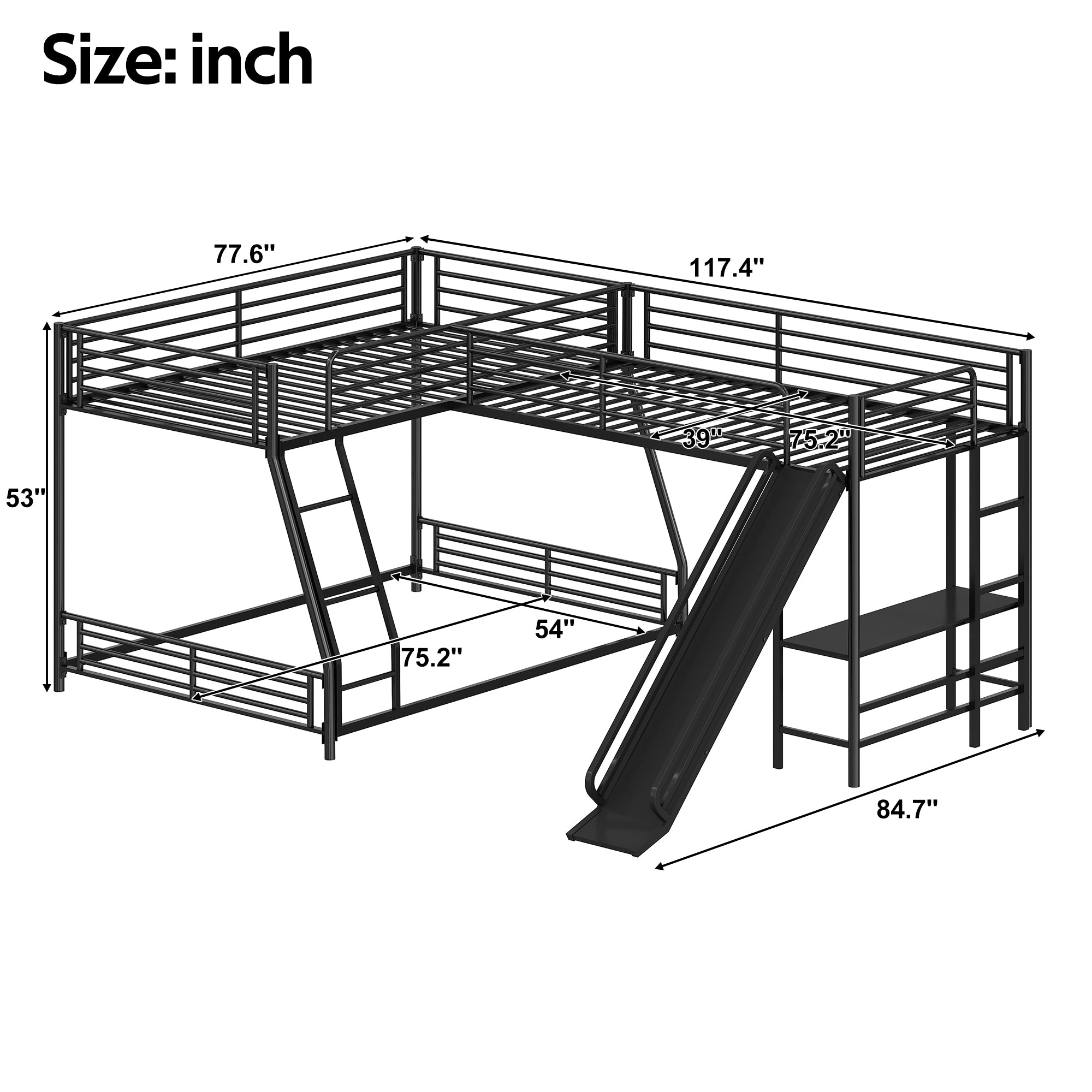 L-Shaped Twin Over Full Bunk Bed with Twin Size Loft Bed, Built-in Desk and Slide