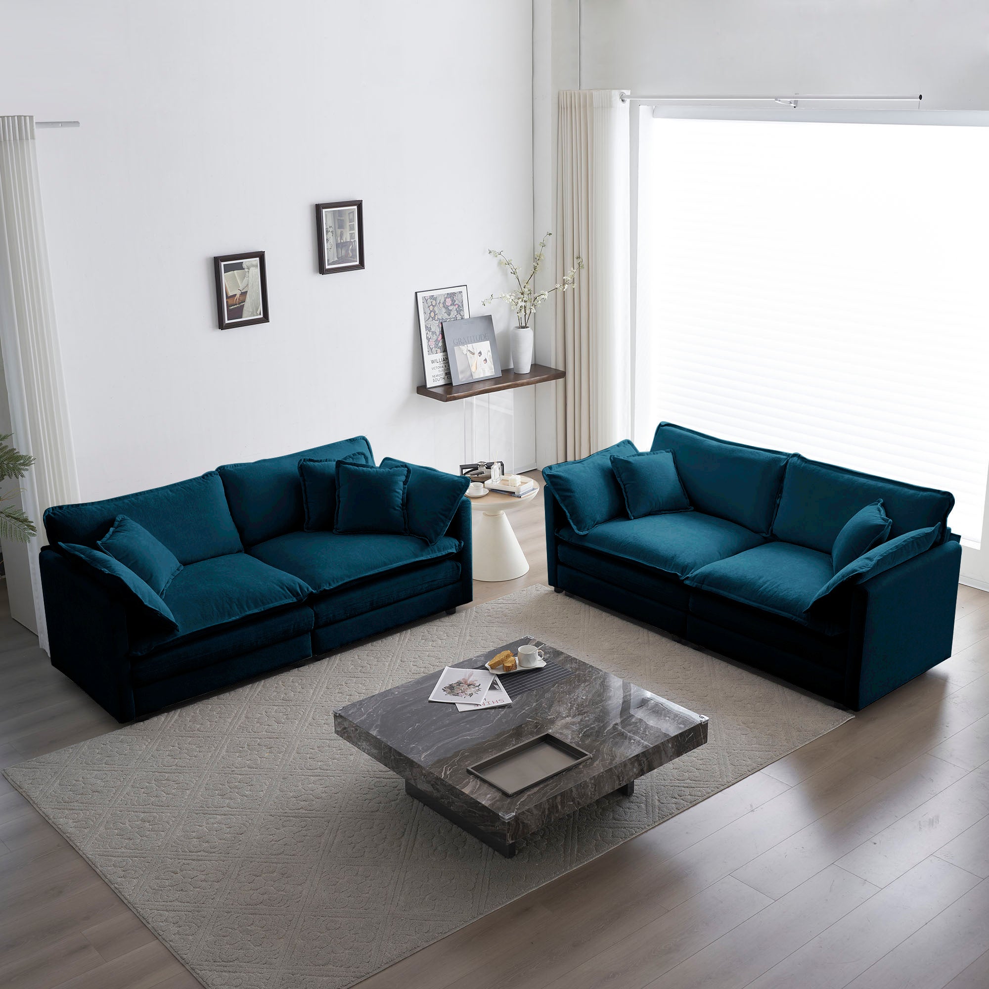 2-Piece Living Room Sofa Set in Blue Chenille