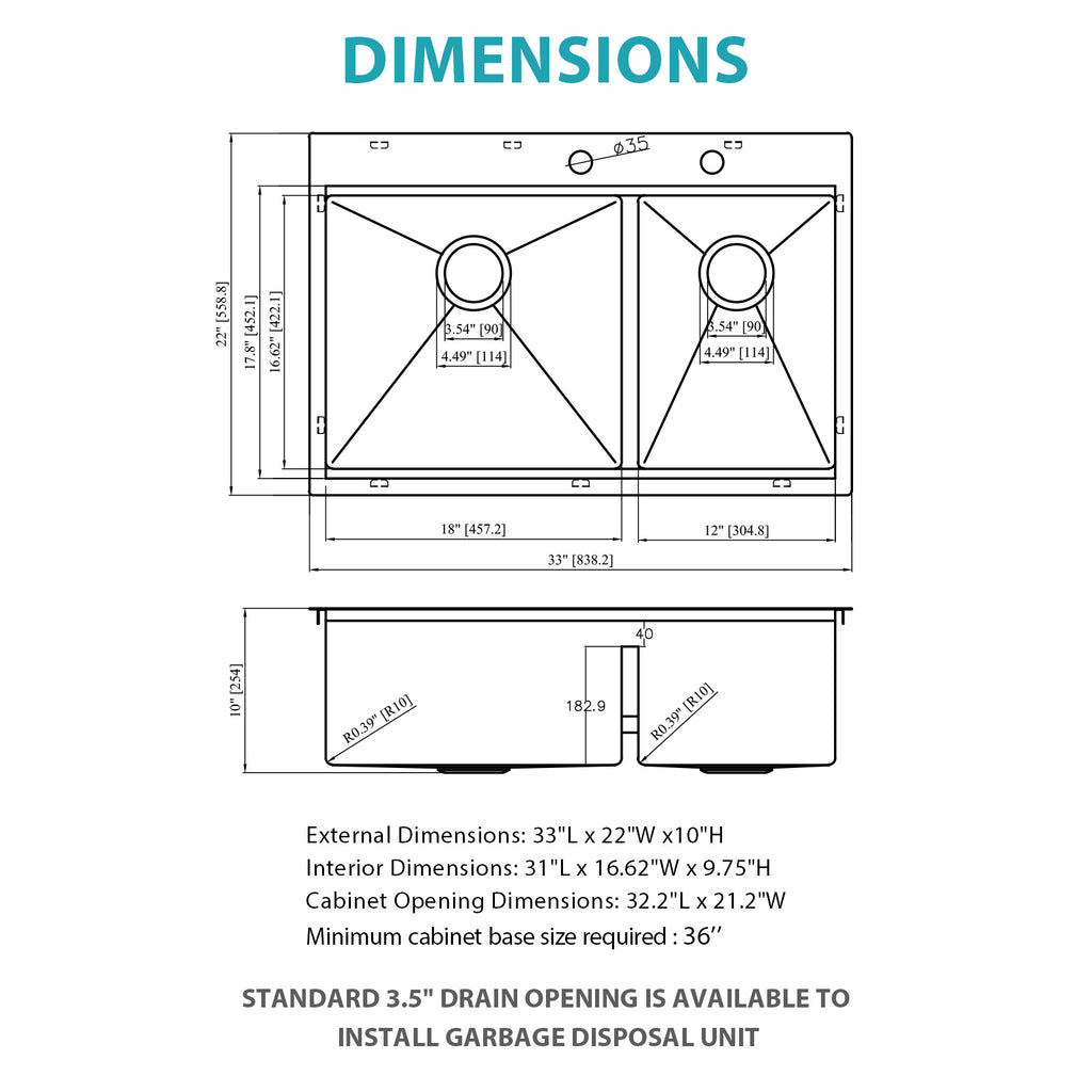 Topmount Drop-In Kitchen Sink - 33"x22" Double Bowl
