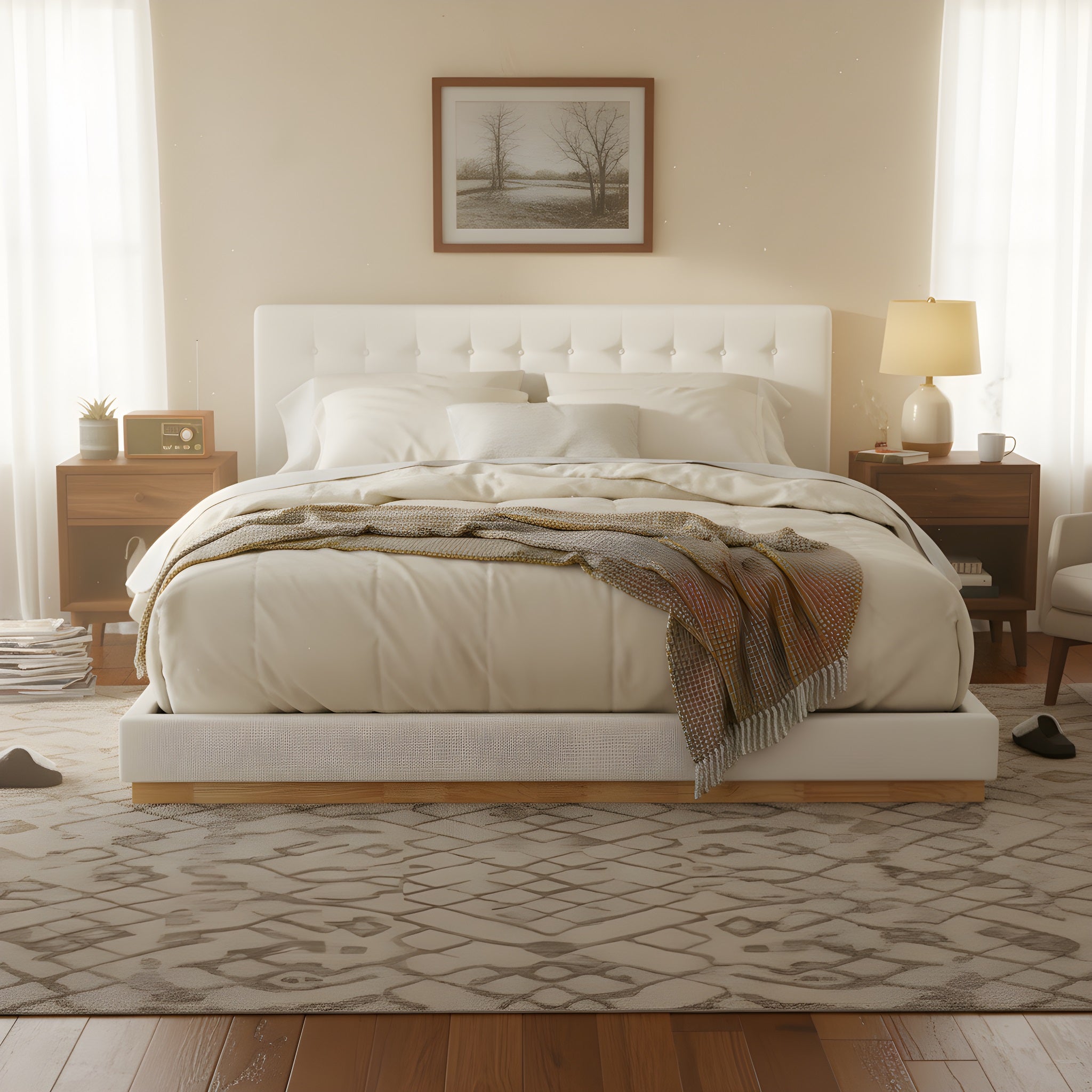 Solid Rubber Wood Platform Bed with Upholstered Headboard
