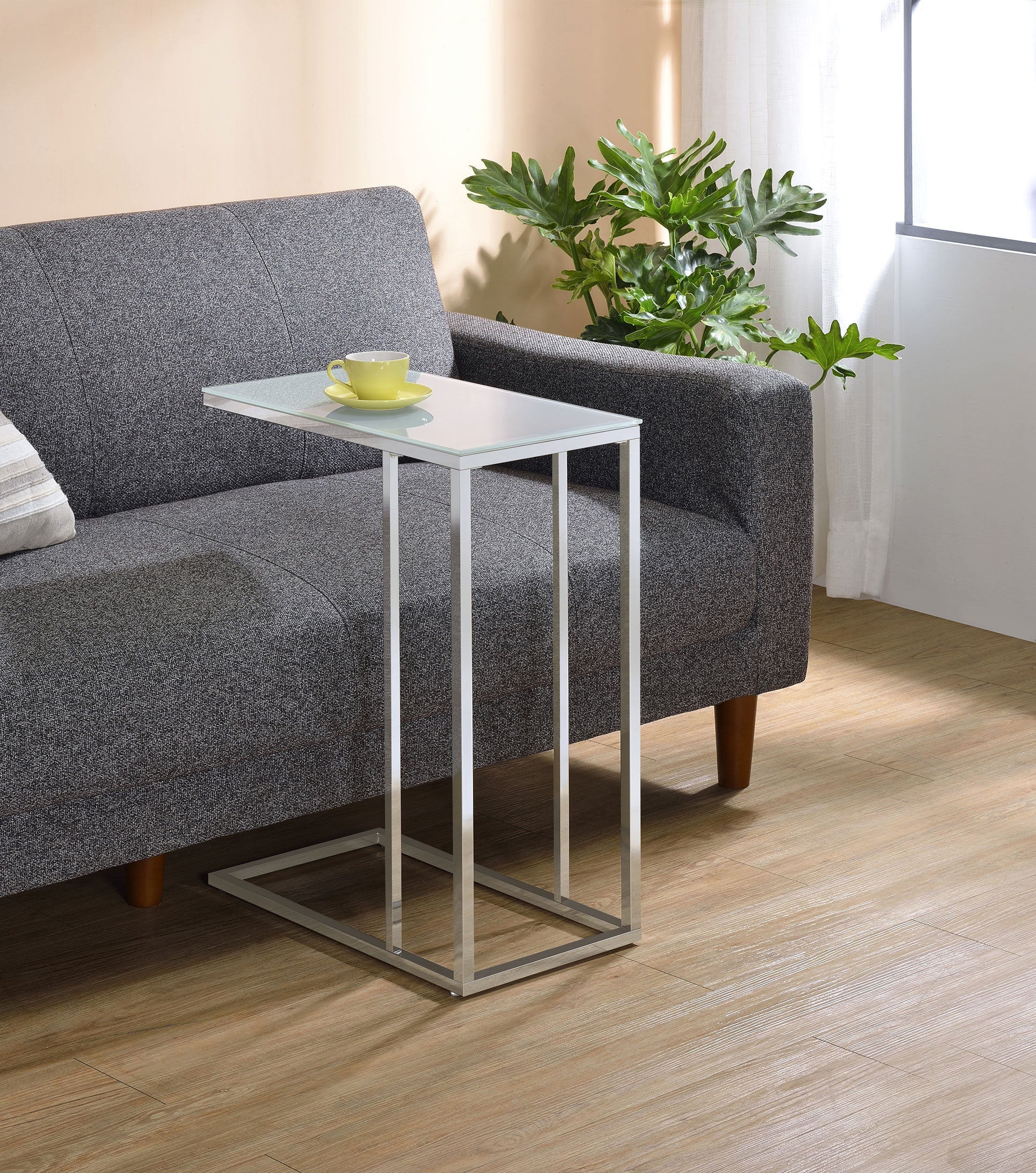 Stella White Glass Top C-Shaped Sofa Side Table Chrome-CoasterEveryday