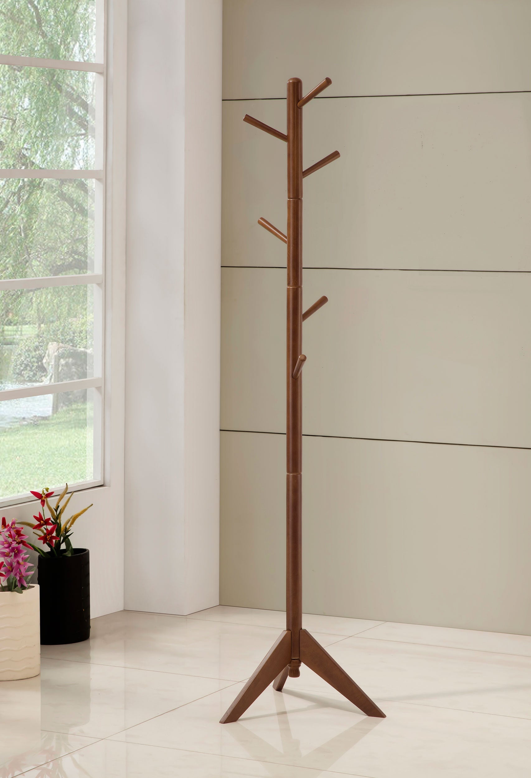 Devlin 6 Hook Freestanding Wood Coat Rack Hat Hanger Walnut-CoasterEveryday