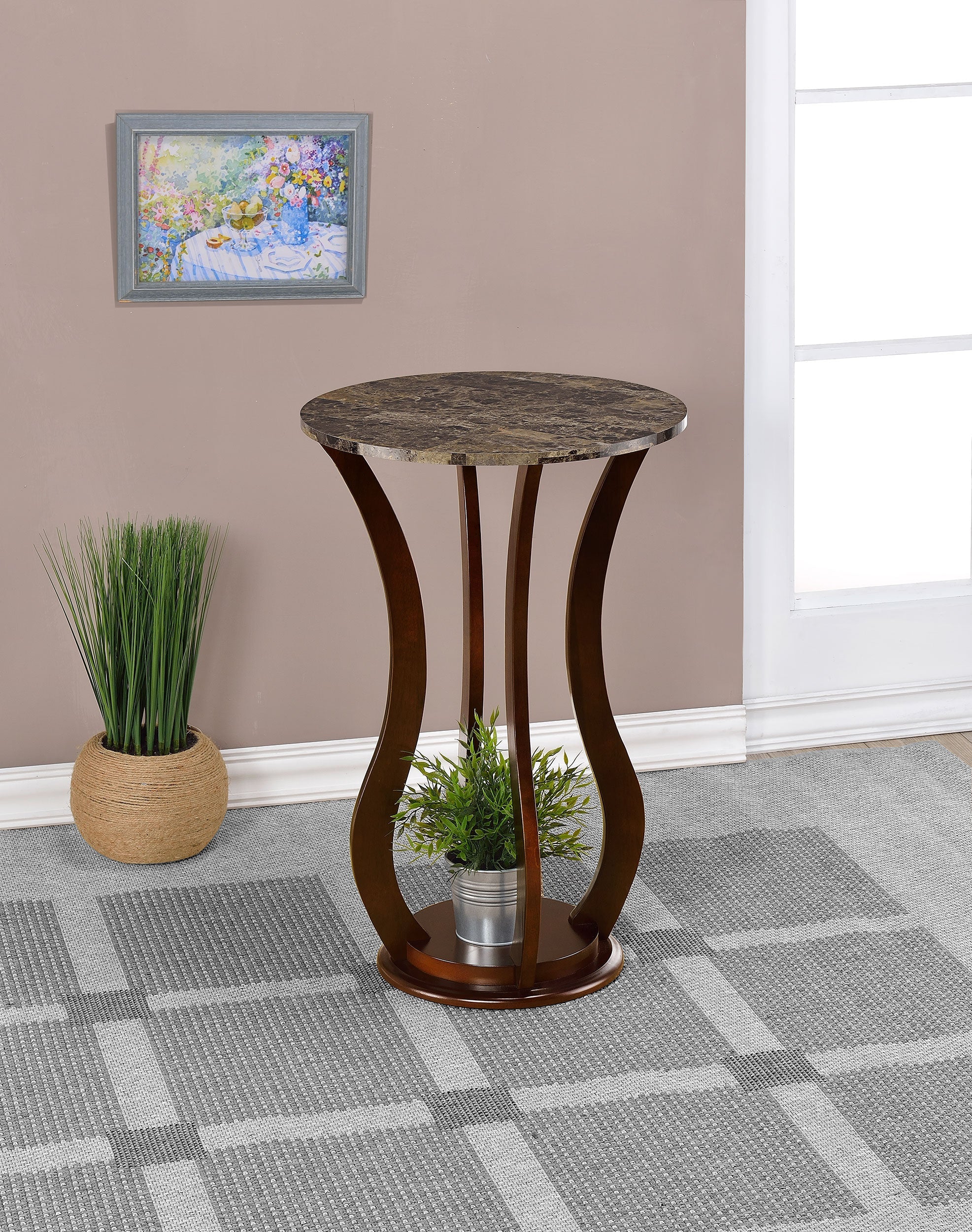 Elton Round Faux Marble Top Plant Stand Brown-CoasterEveryday