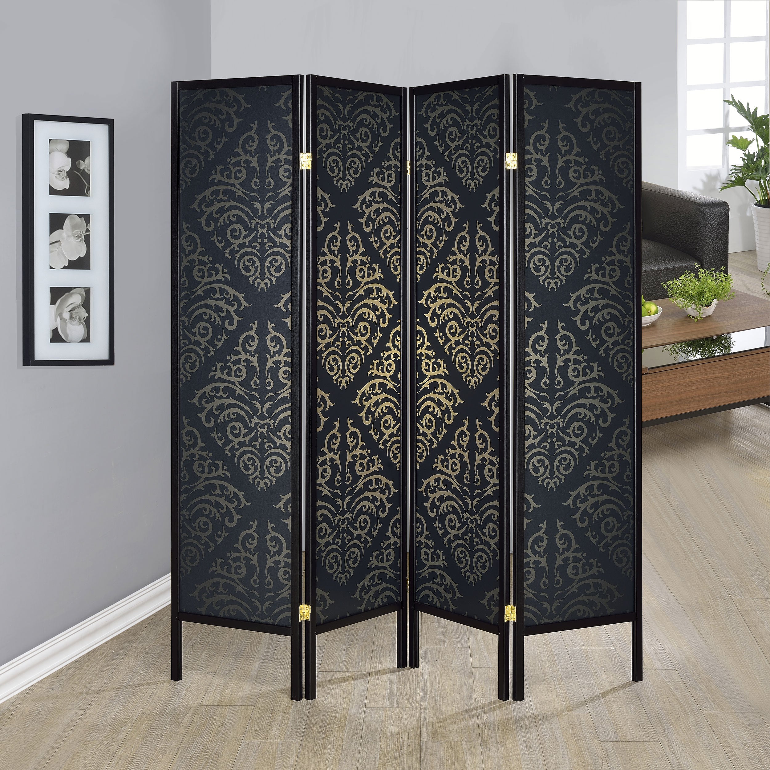 Haidera 4-Panel Room Divider Folding Screen Black Damask-CoasterEveryday