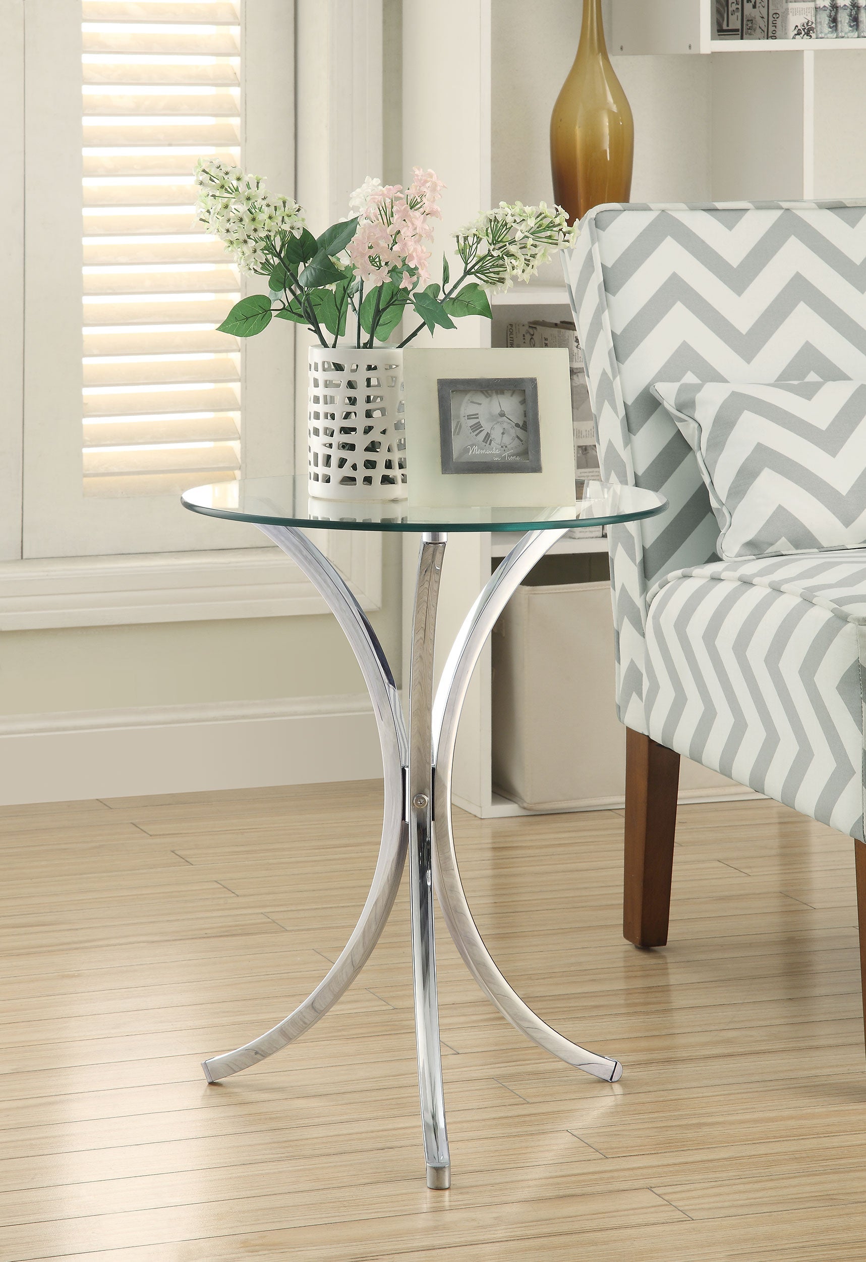 Eloise Round Glass Top Accent Side Table Chrome-CoasterEveryday