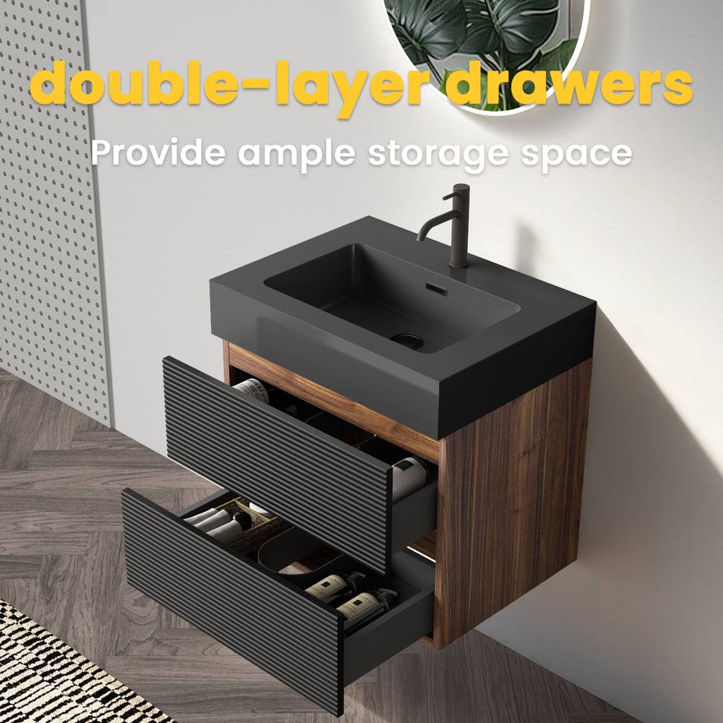 Grace 24-Inch Wall-Mounted Bathroom Vanity with Soft-Close Drawers, Black and Walnut
