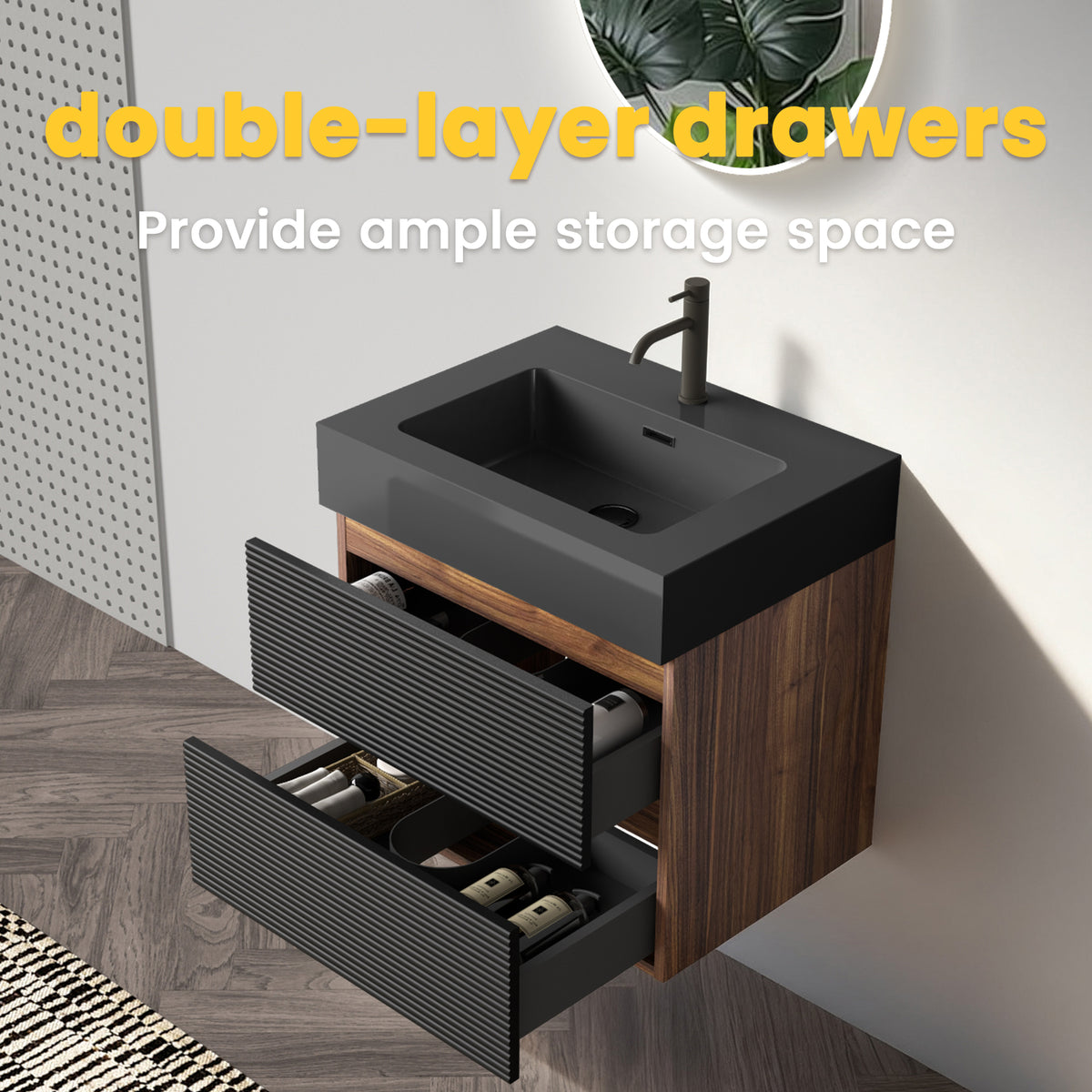 Grace 24-Inch Wall-Mounted Bathroom Vanity with Soft-Close Drawers, Black and Walnut