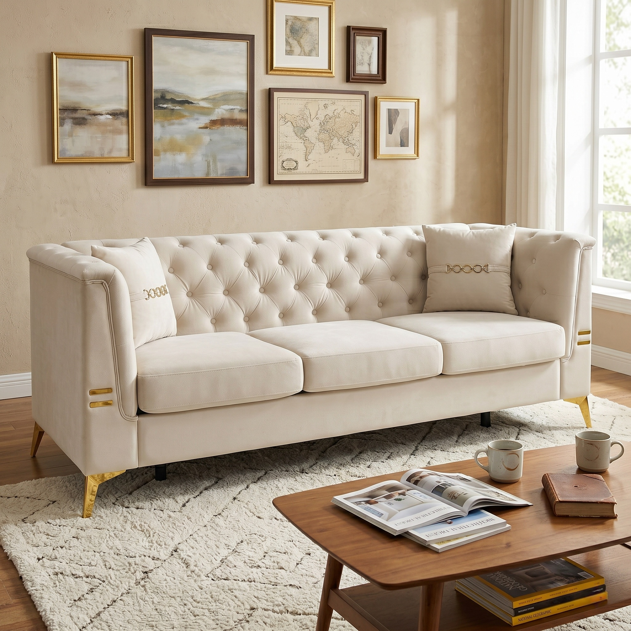 Contemporary Faux Sherpa Fabric Sofa With Pillows