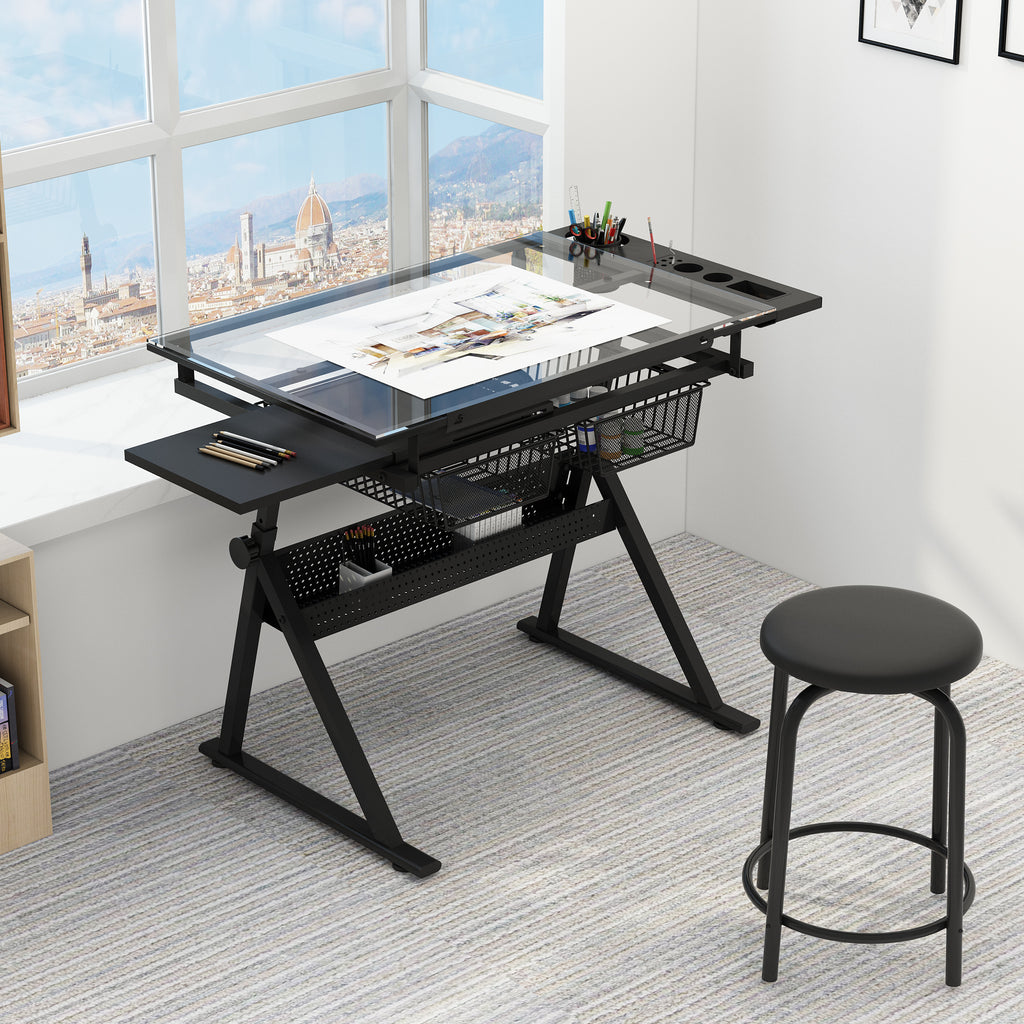 Black Adjustable Tempered Glass Drafting Table with Chair