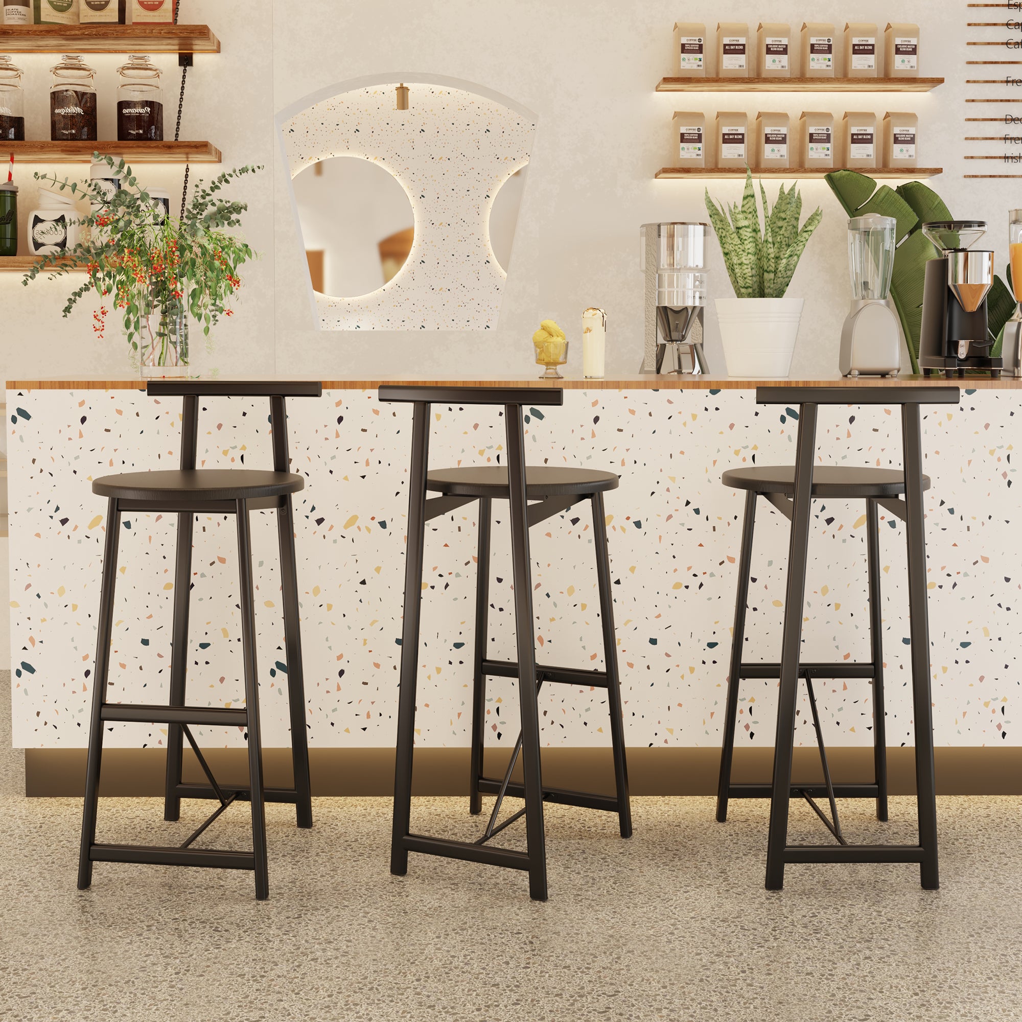 27''H Barstool Set of 3 Wooden Round Bar Stools with Footrest