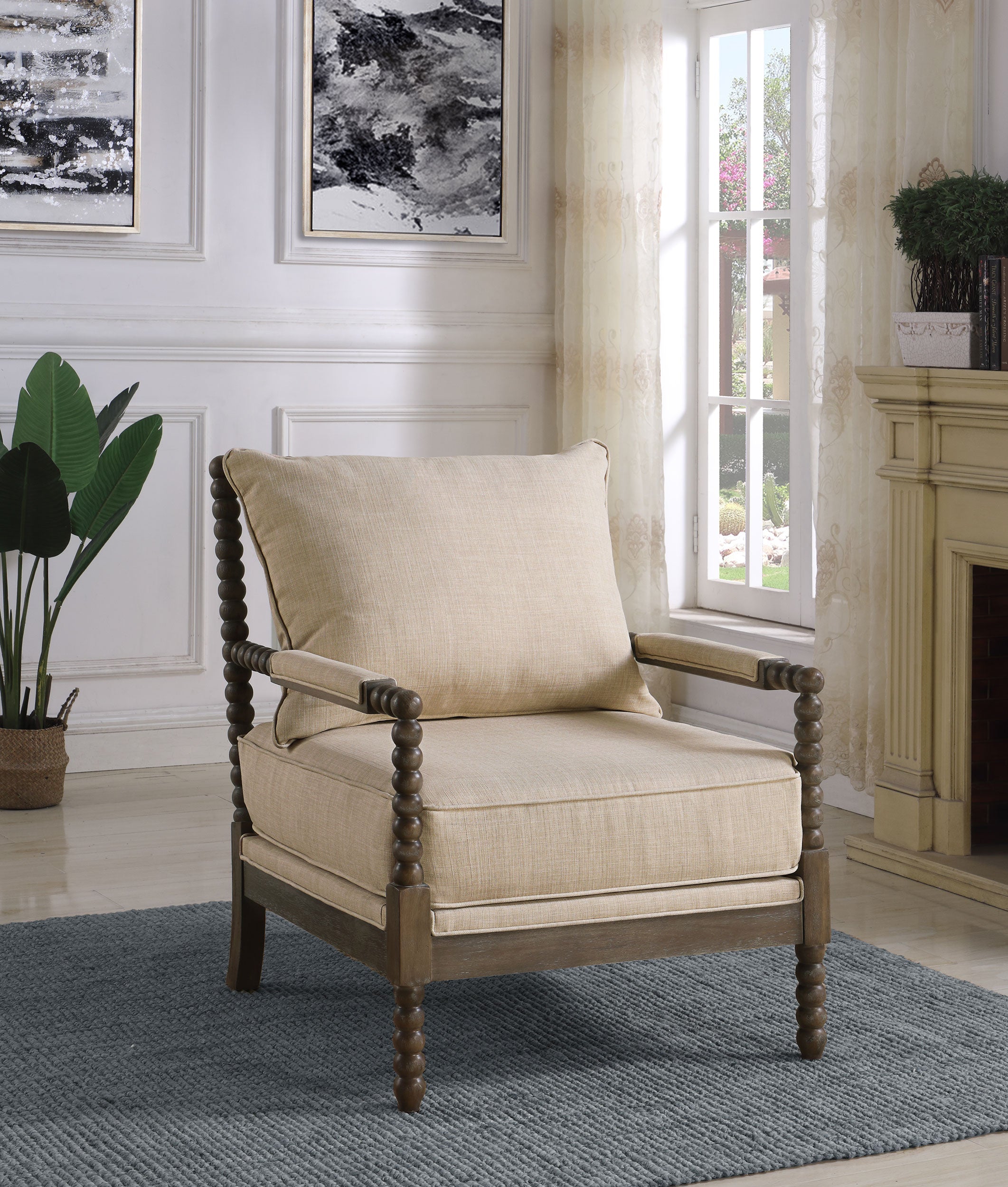 Blanchett Upholstered Bobbin Accent Chair Beige and Distressed Brown-CoasterElevations