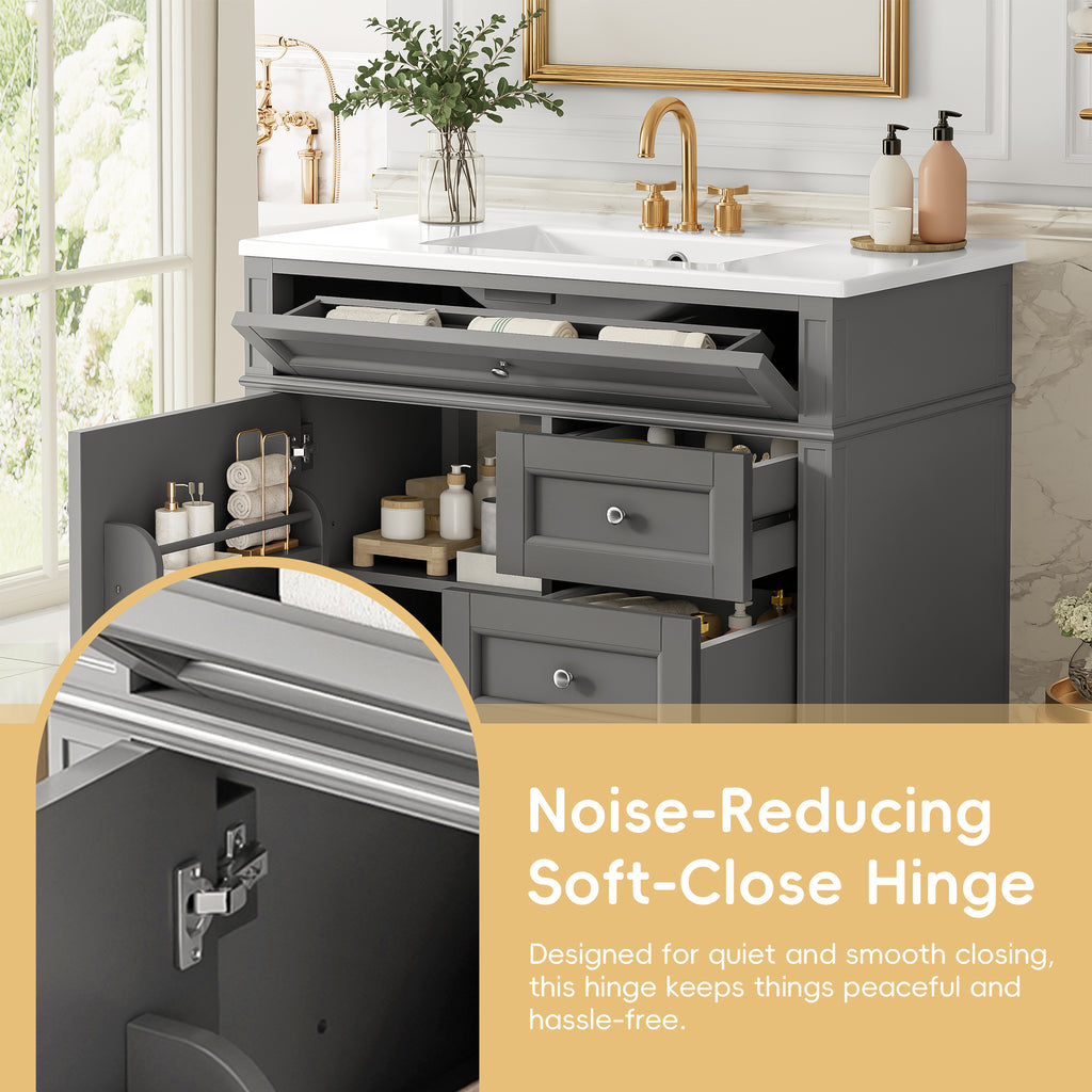 36-Inch Bathroom Vanity with Ceramic Sink, Grey, Modern Storage Cabinet