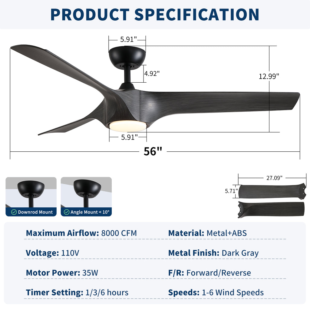 56" Modern Farmhouse Reversible Quiet Motor Ceiling Fan Light