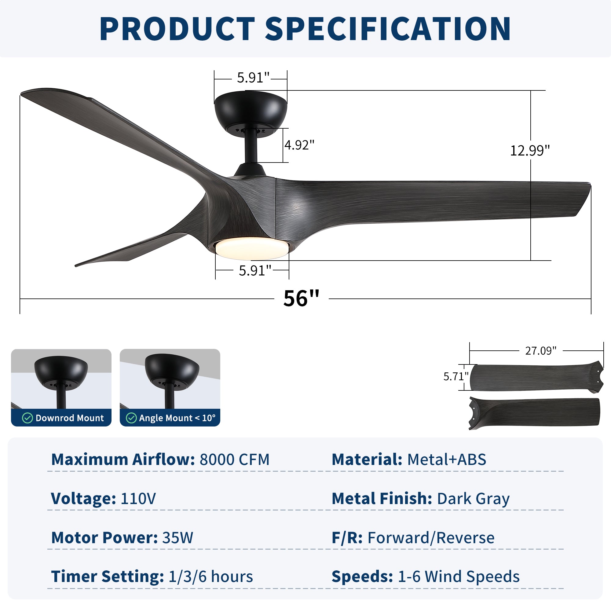 56" Modern Farmhouse Reversible Quiet Motor Ceiling Fan Light
