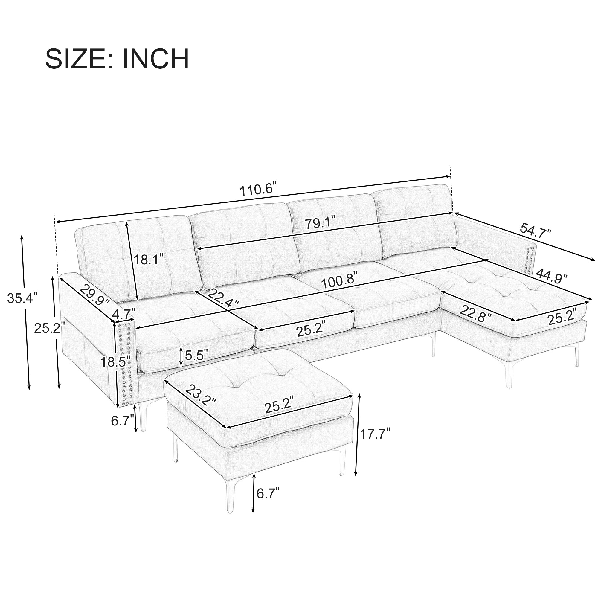 110" L-Shape Convertible Sectional Sofa with Movable Ottoman