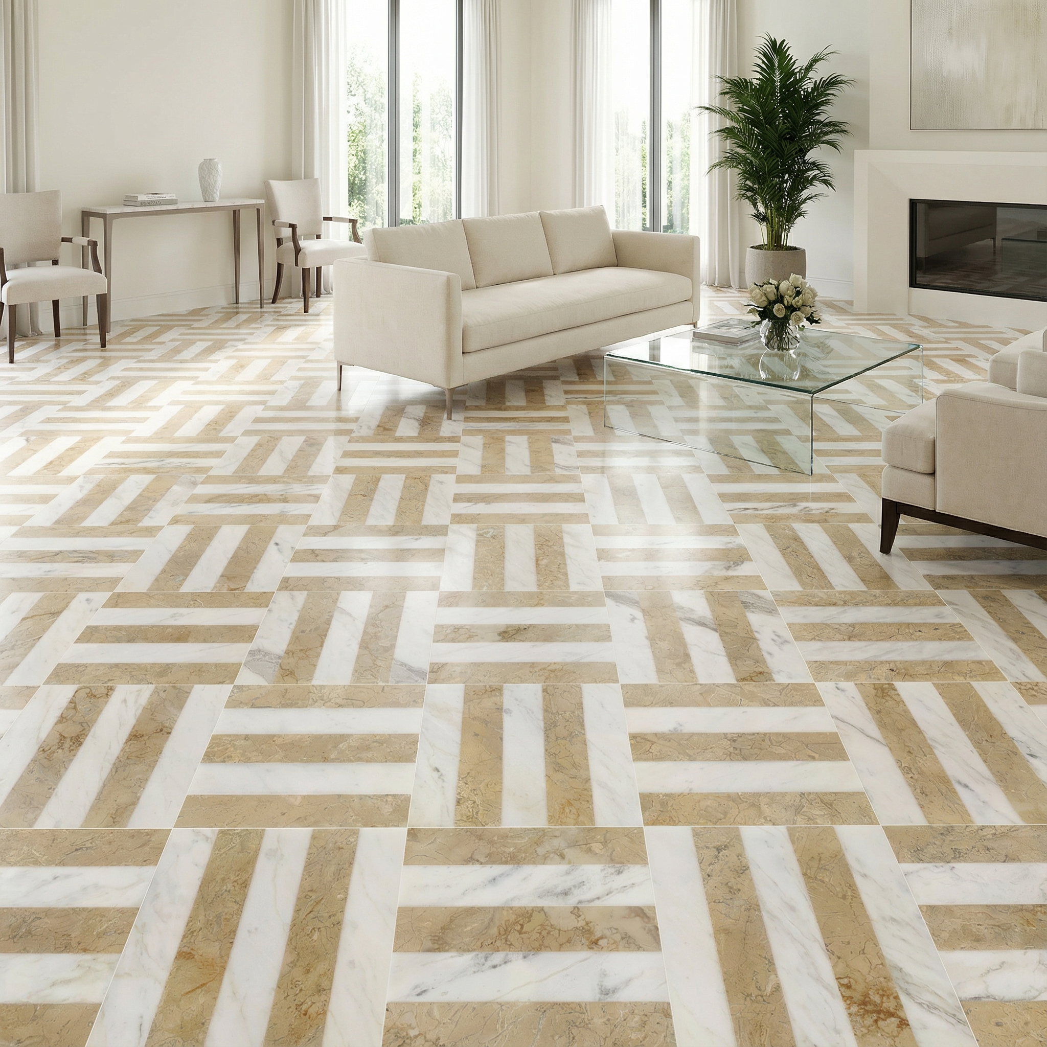 12x12 White Gold Waterjet Polished Marble Tiles Set