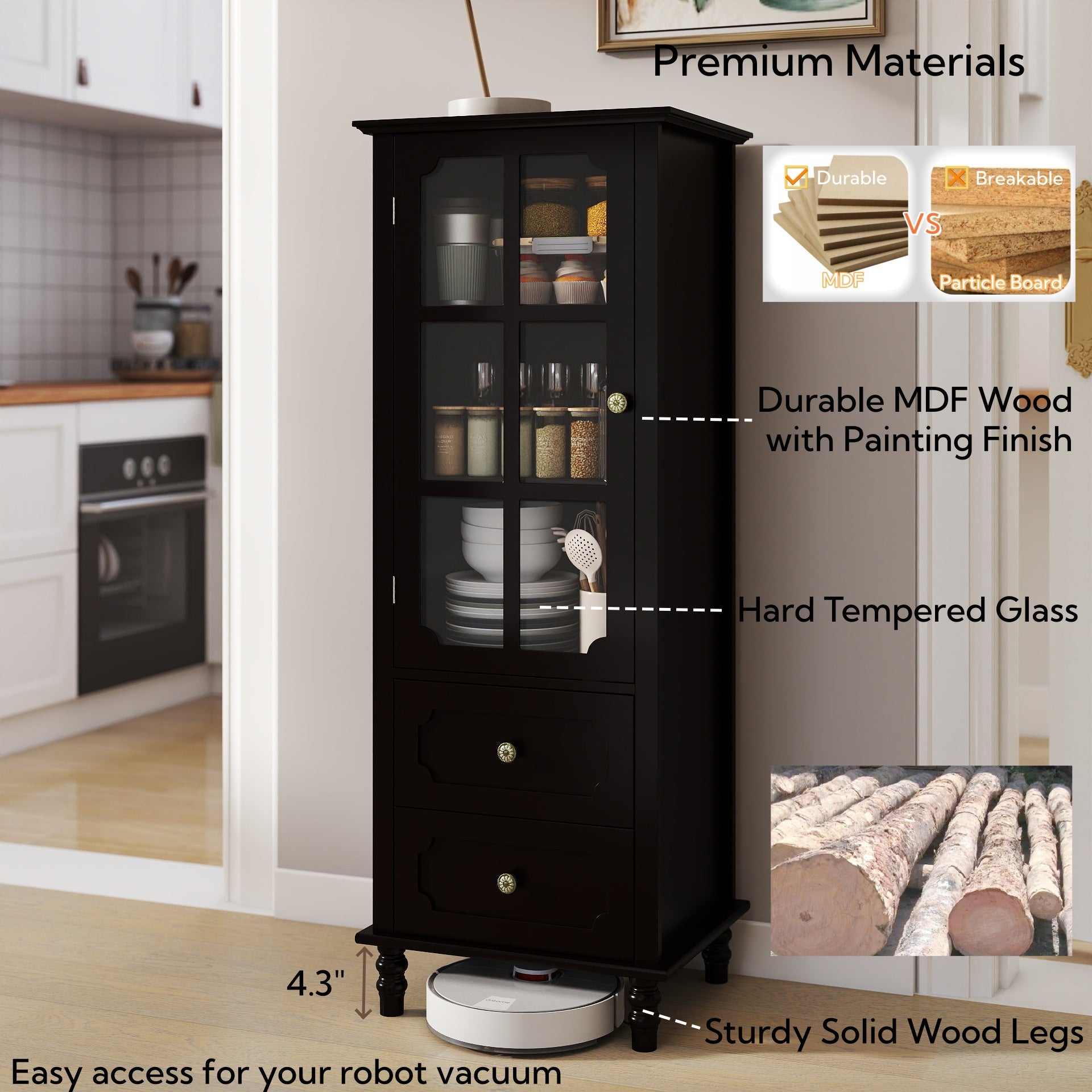 Black Tall Storage Cabinet with Glass Door & 2 Drawers