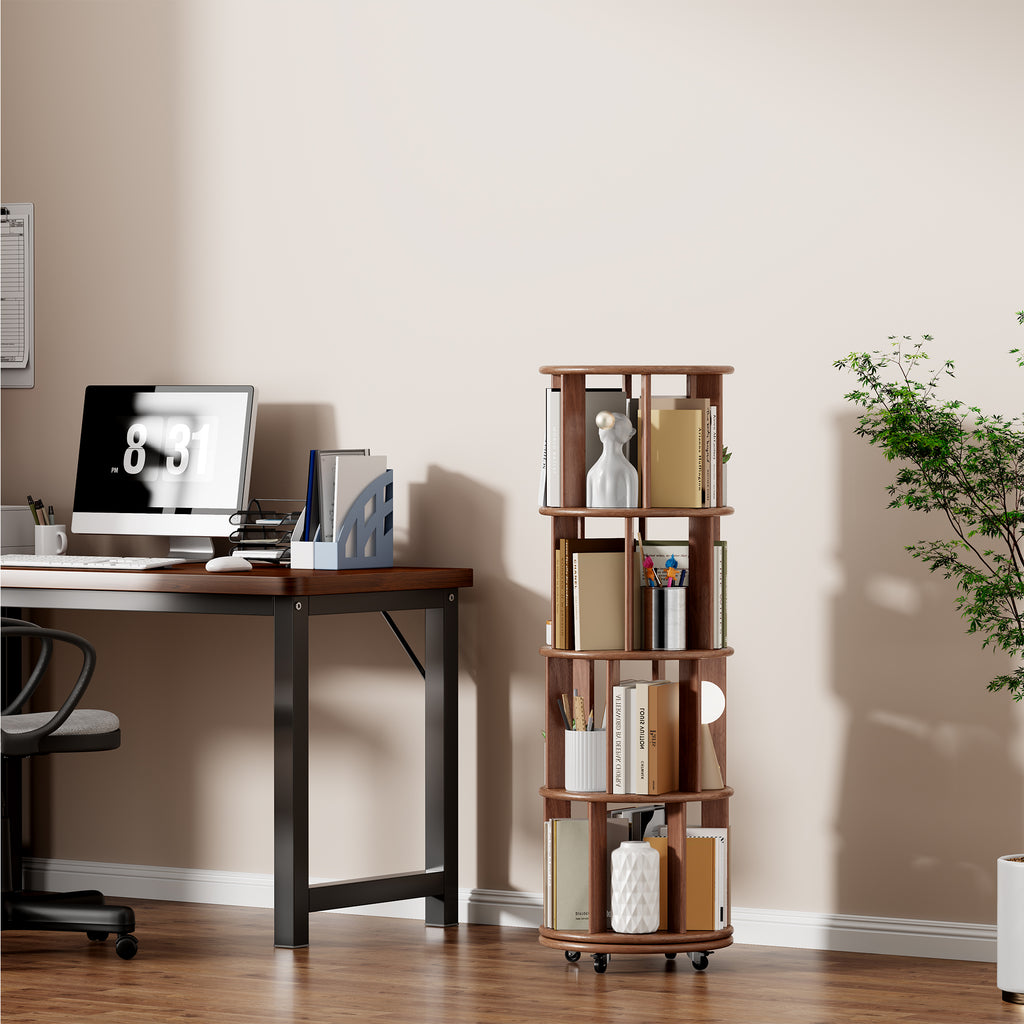 Solid Wood Rotating Bookshelf on Wheels - 4 Tier
