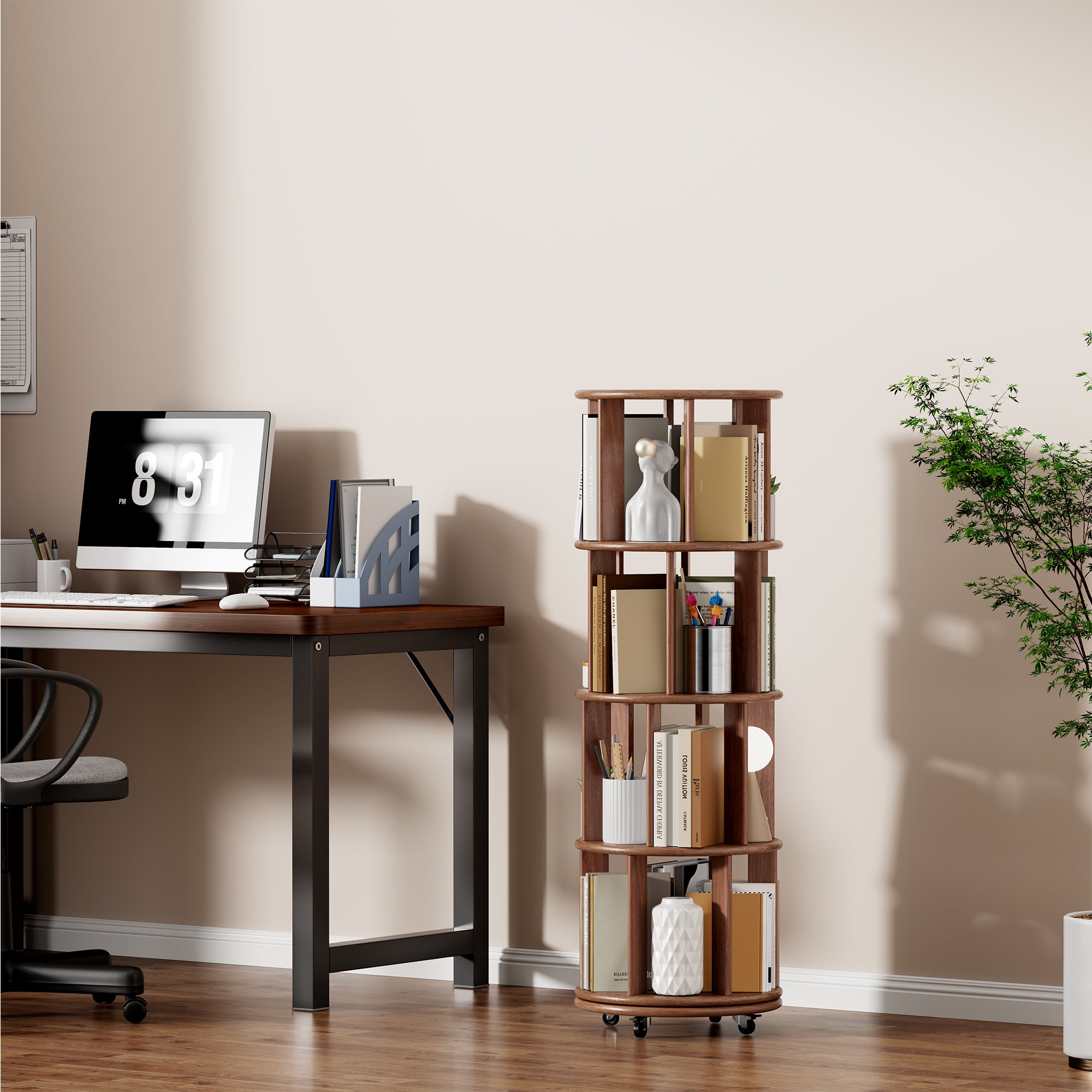 Solid Wood Rotating Bookshelf on Wheels - 4 Tier