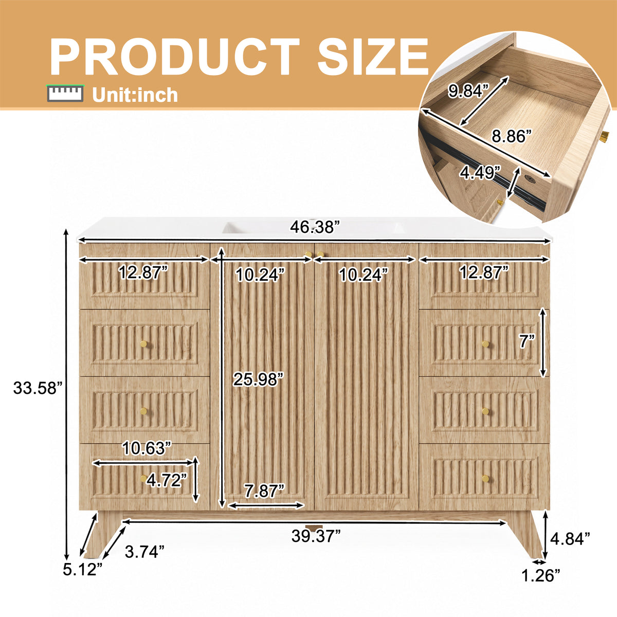 [Video]47.56" Freestanding Single-Sink Bathroom Vanity with SMC Top, MDF Cabinet, 8 Drawers, 2 Soft-Close Doors and Gold-Tone Aluminum Alloy Handles