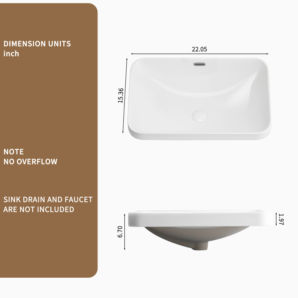 Ceramic Undermount Bathroom Sink 22.05" x 15.36" x 6.7"