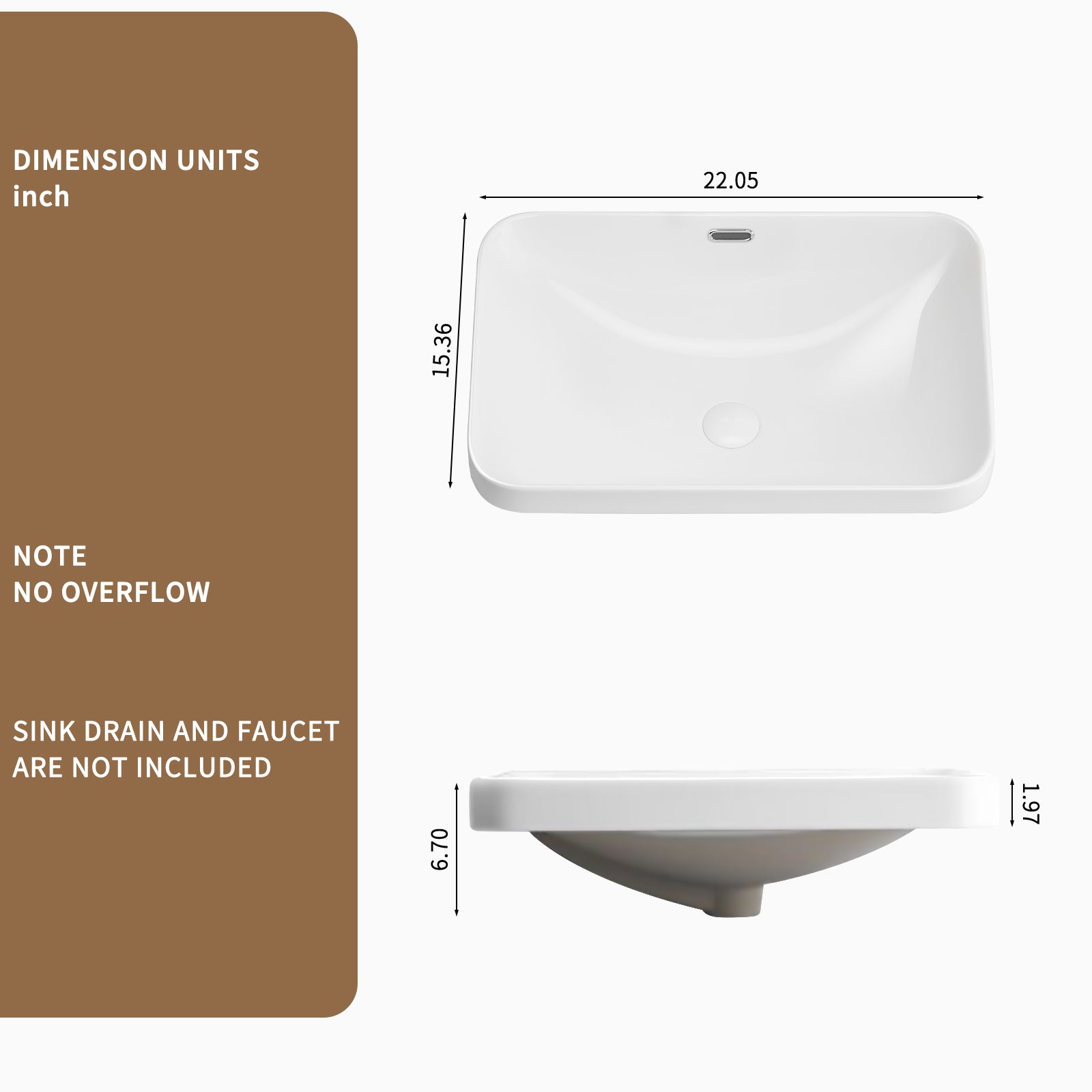 Ceramic Undermount Bathroom Sink 22.05" x 15.36" x 6.7"