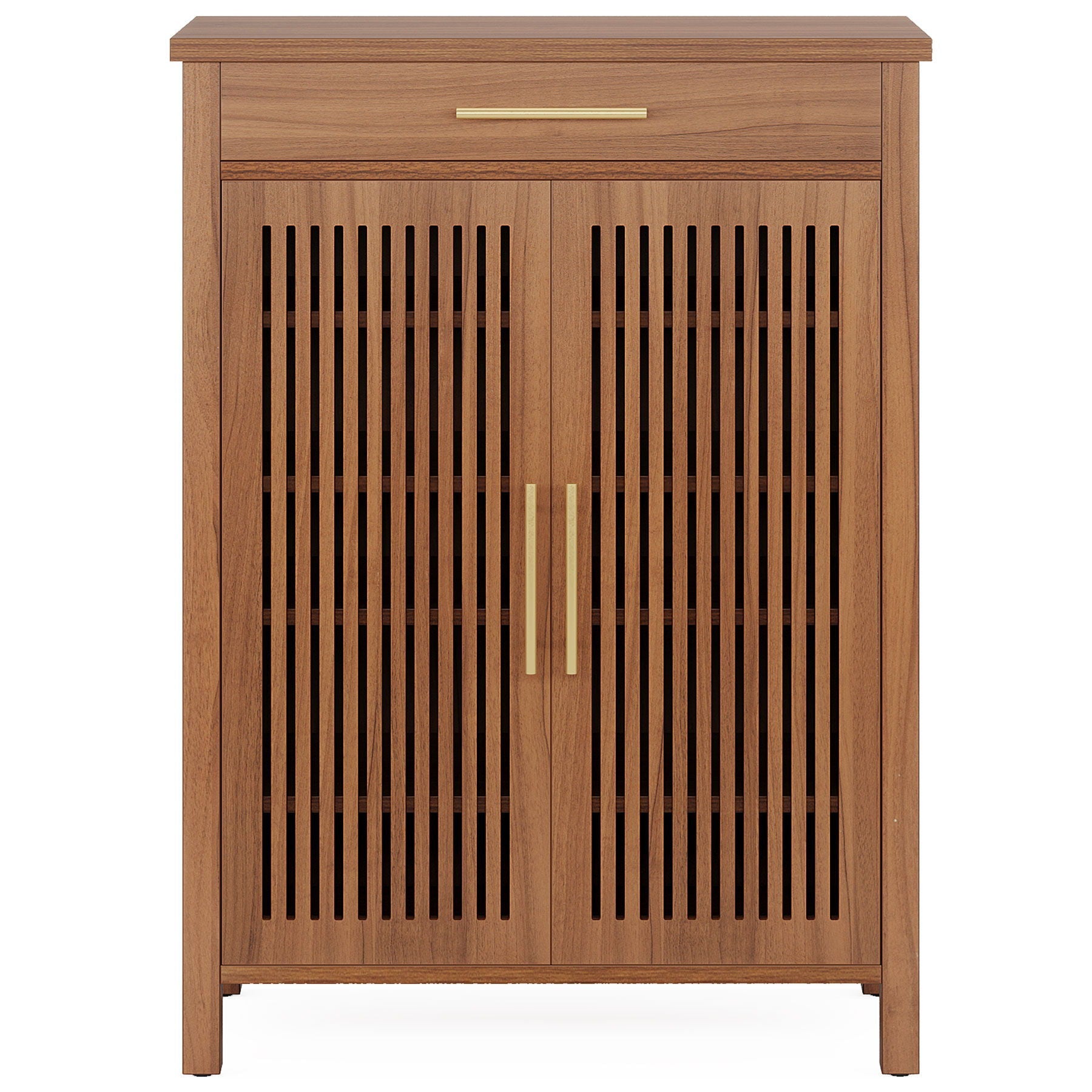 5 Tier Shoe Cabinet With Louvered Doors And Drawer, Freestanding Organizer With Adjustable Shelves For Entryway - Brown