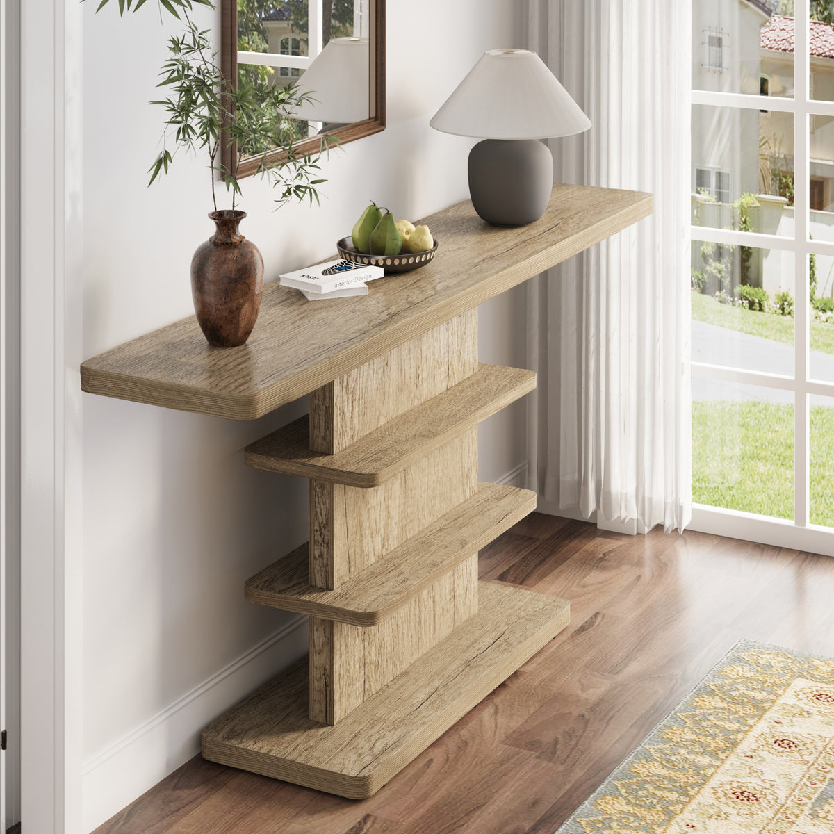 Vintage Narrow Console Table with 2 Tier Open Storage Shelves, 63-Inch, Natural