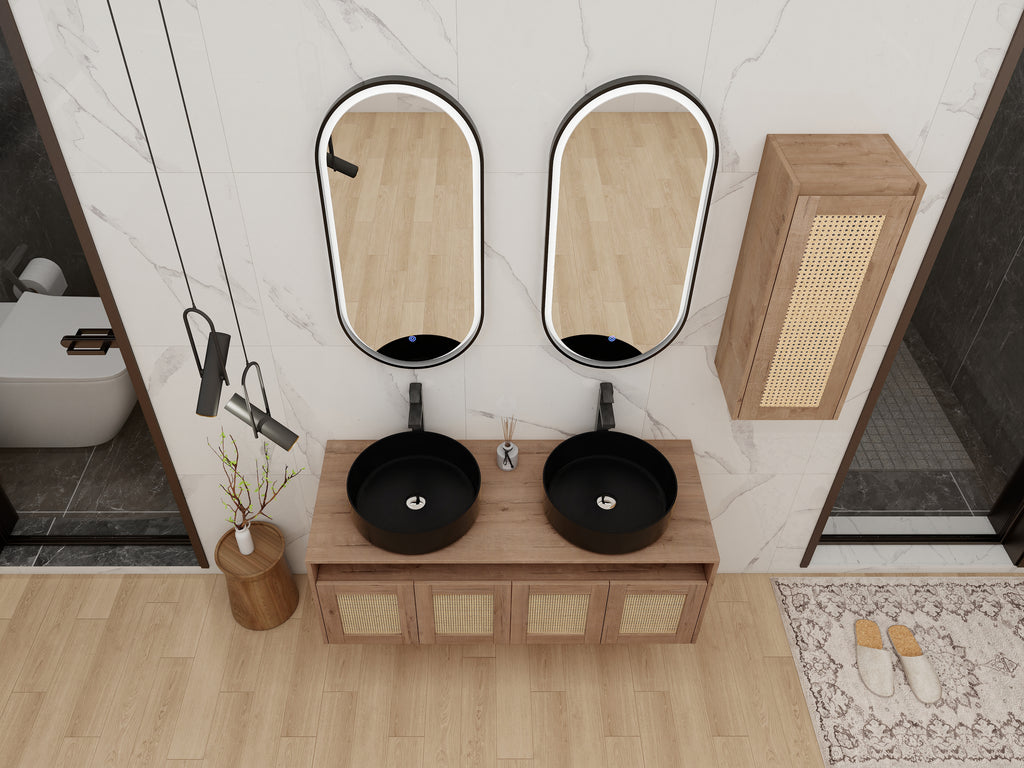 48" Bathroom Vanity with 2-Ceramic Art Sink and Side Cabinet