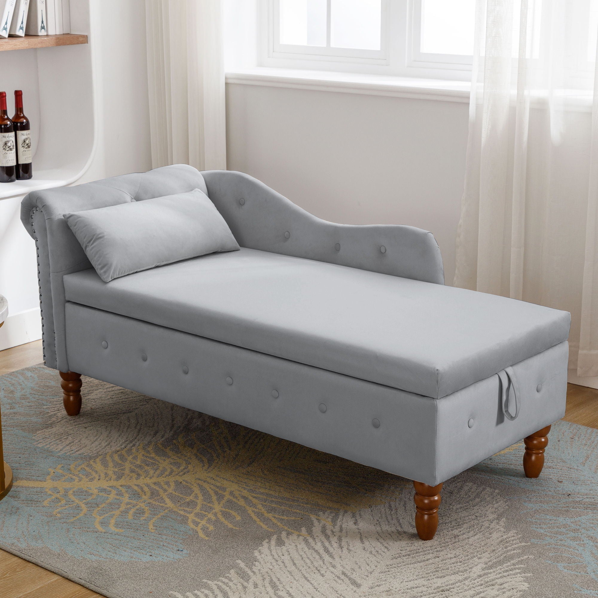 Chaise Lounge Indoor, Lounge Chair For Bedroom With Storage & Pillow, Modern Upholstered Rolled Arm Chase Lounge For Sleeping With Nailhead Trim For Living Room Bedroom Office