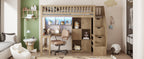 Wood Twin Size Loft Bed with Built-in Desk, LED, Storage Shelves, Cabinets and Staircase