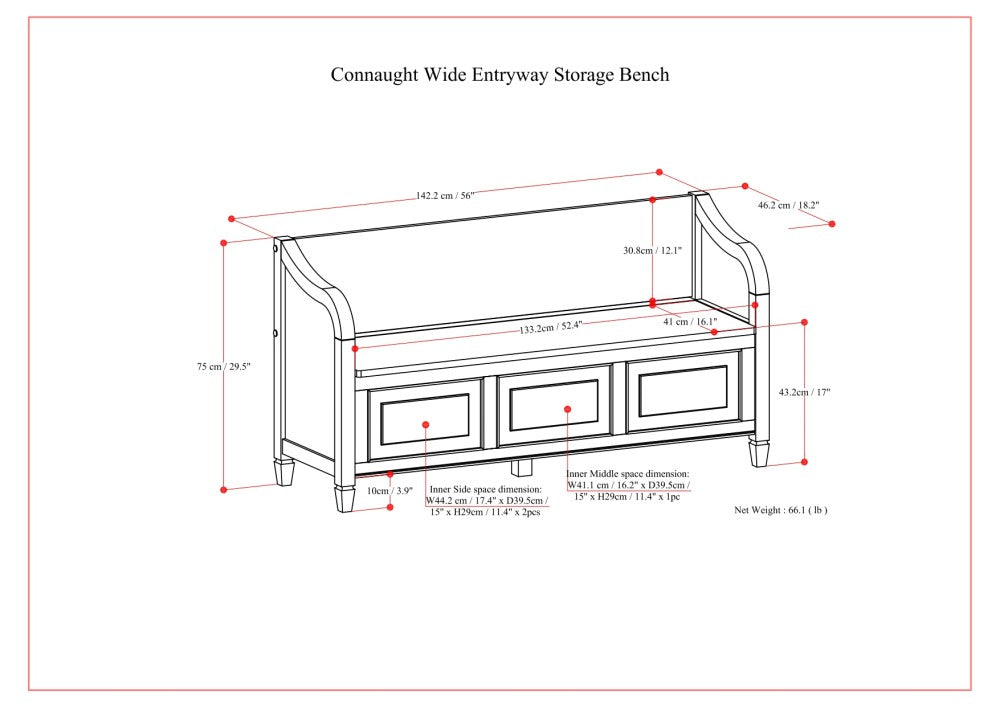 Connaught 56" Wide Solid Wood Wide Entryway Storage Bench