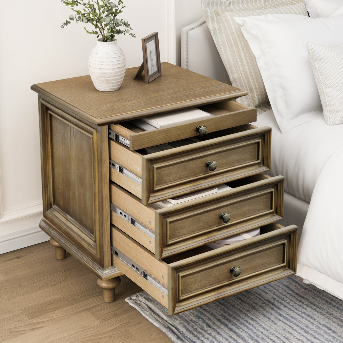 Farmhouse Nightstand with 4 Drawers and Pull-Out Shelf, Light Brown
