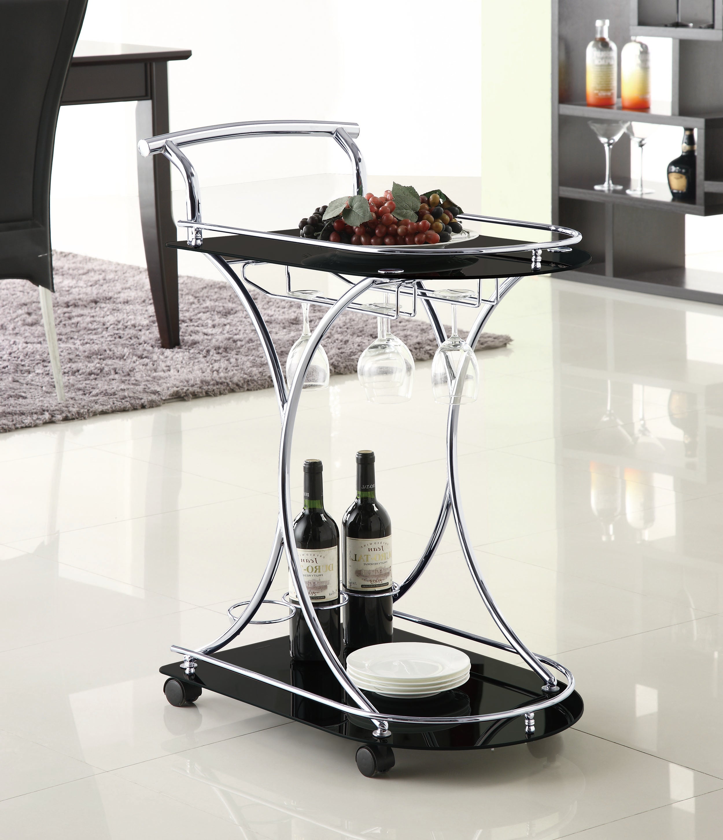 Elfman 2-tier Glass Shelf Metal Bar Cart Black and Chrome-CoasterEveryday