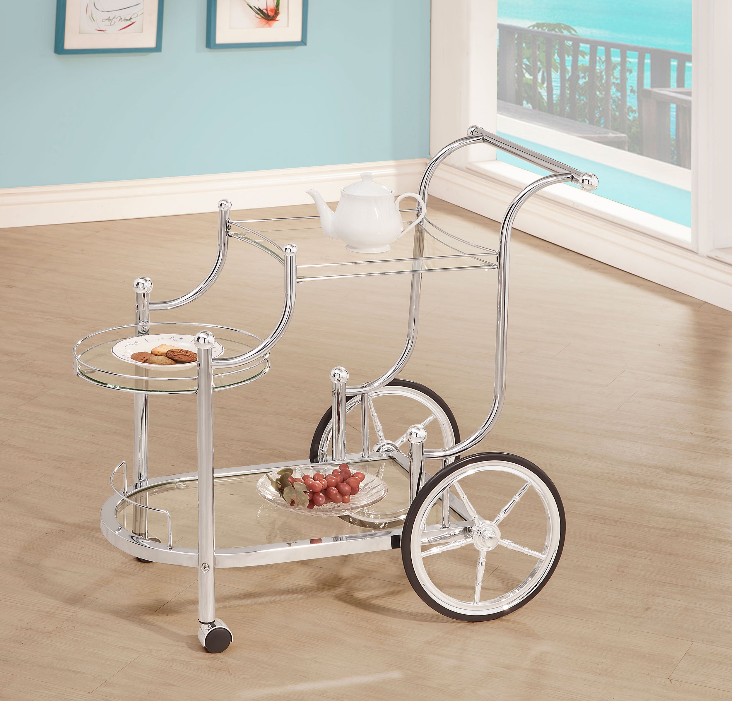 Sarandon 3-tier Glass Shelf Metal Bar Cart Chrome-CoasterEveryday