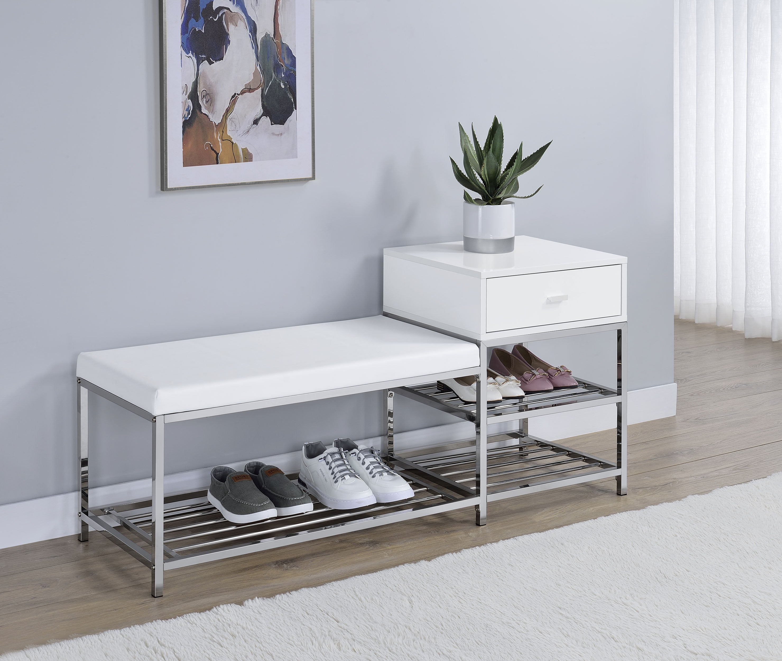 Siega 1-Drawer Shoe Storage Entryway Bench White High Gloss and Chrome-